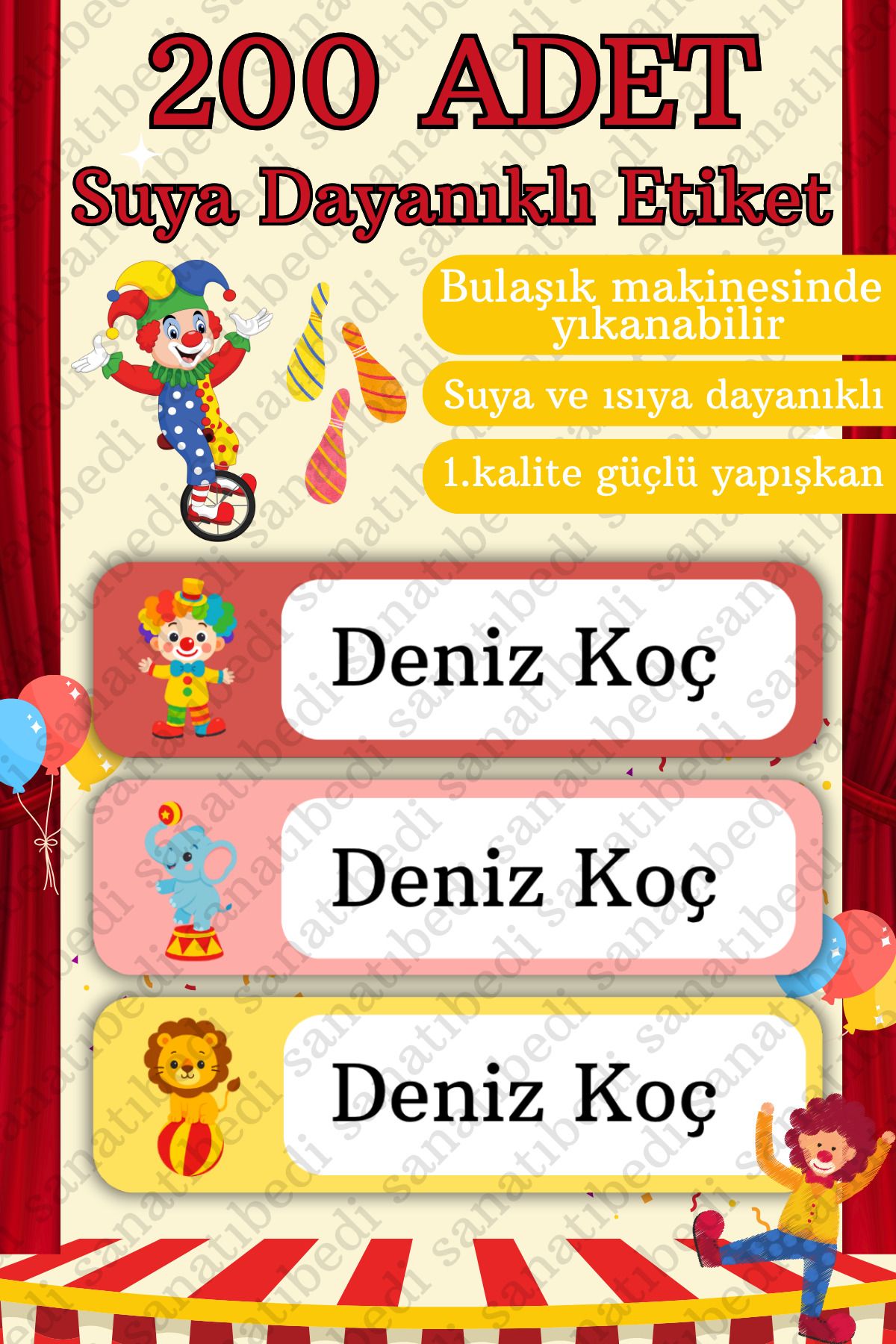 sanatıbedi 200 Adet Suya Dayanıklı Okul Etiketi -Kalem Kitap Defter Suluk Özel Isim Yazılabilen Sirk Sticker