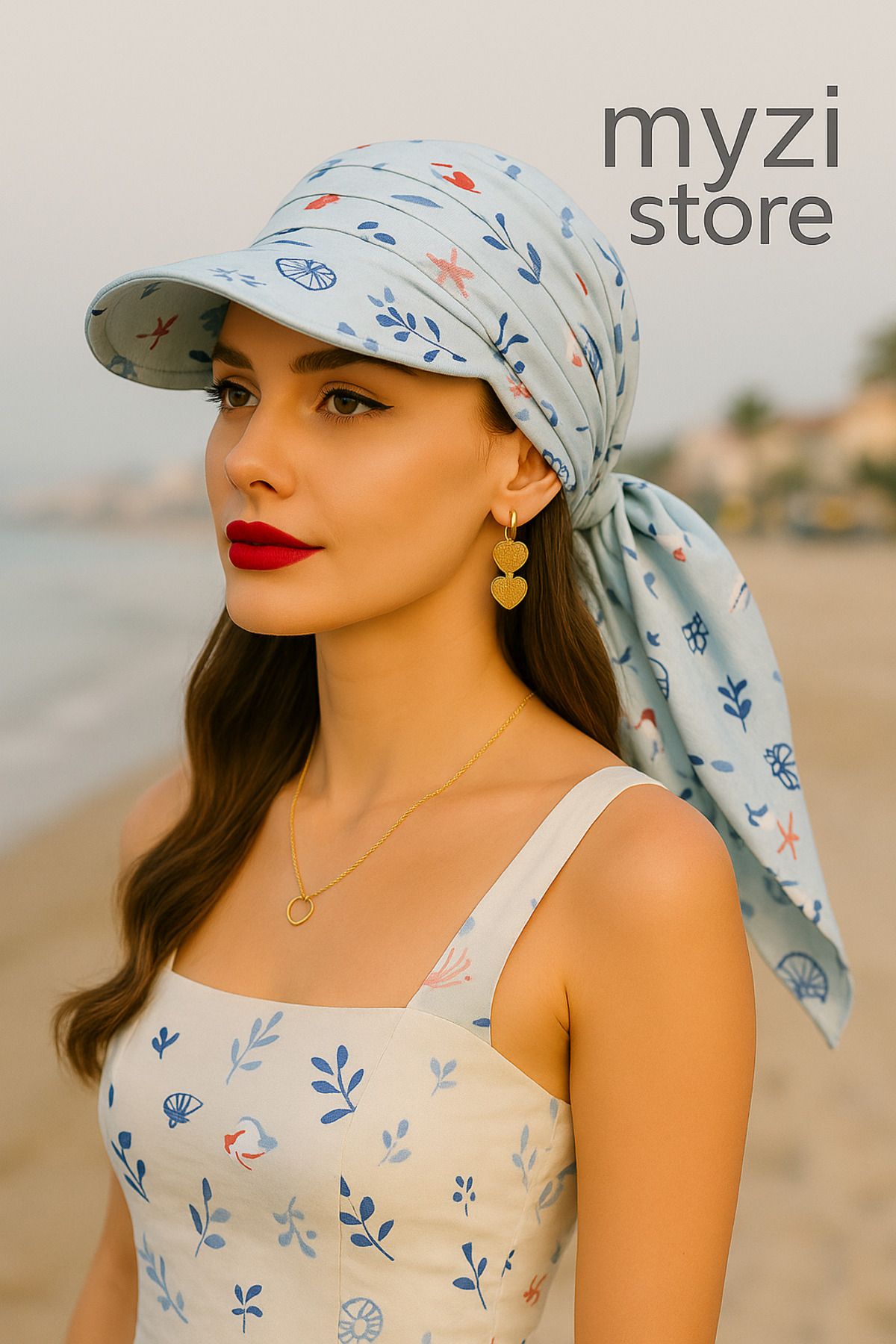 MYZİ STORE Kadın Yazlık %100 Pamuk Desenli Safari Bağlamalı Siperli Bandana Vizör Güneş Koruyucu ve Şık Tasarım