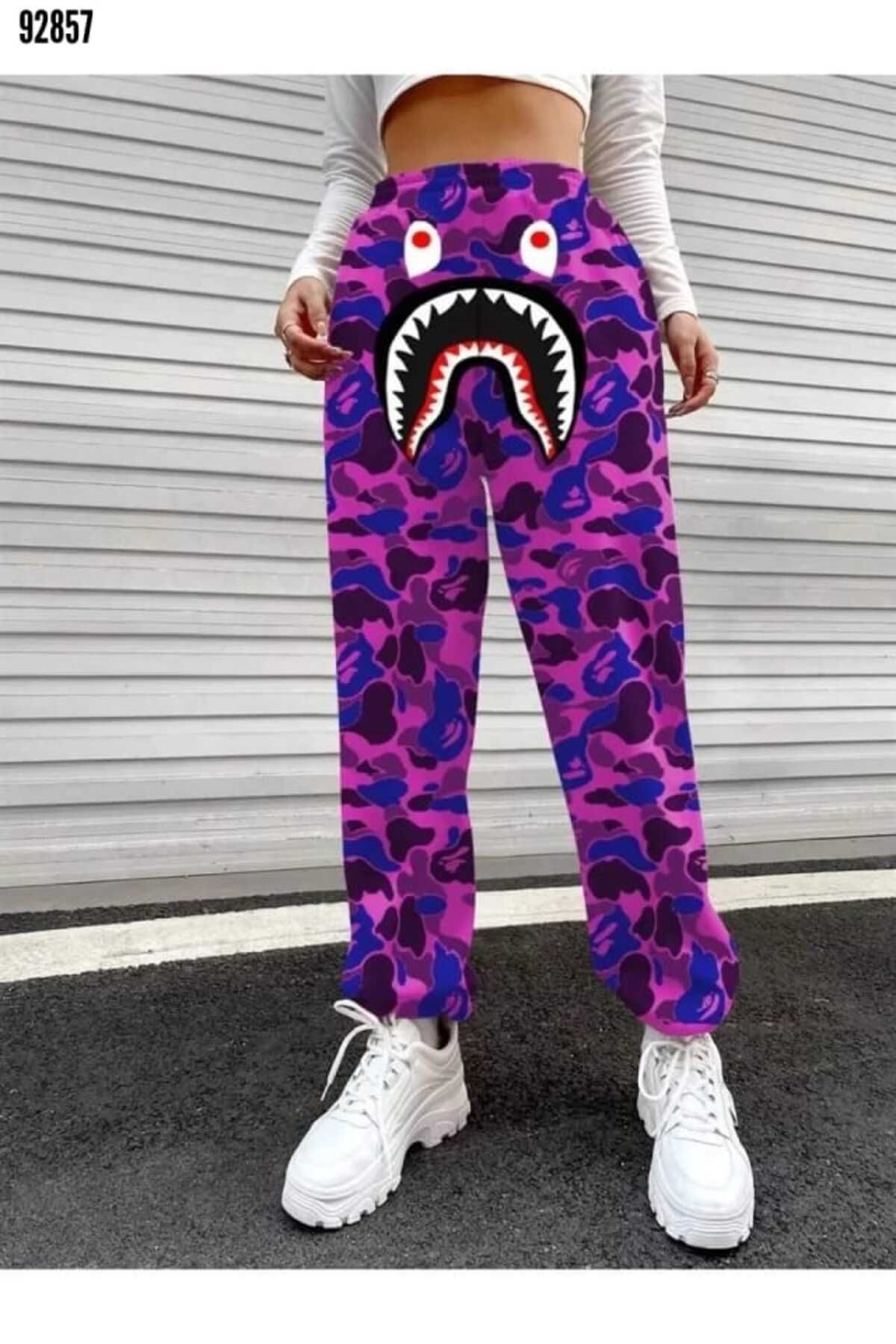 Cbm Bape Shark Dijital Baskılı Eşofman Altı - Mor Kırmızı Gül Figürlü Kolye hediye