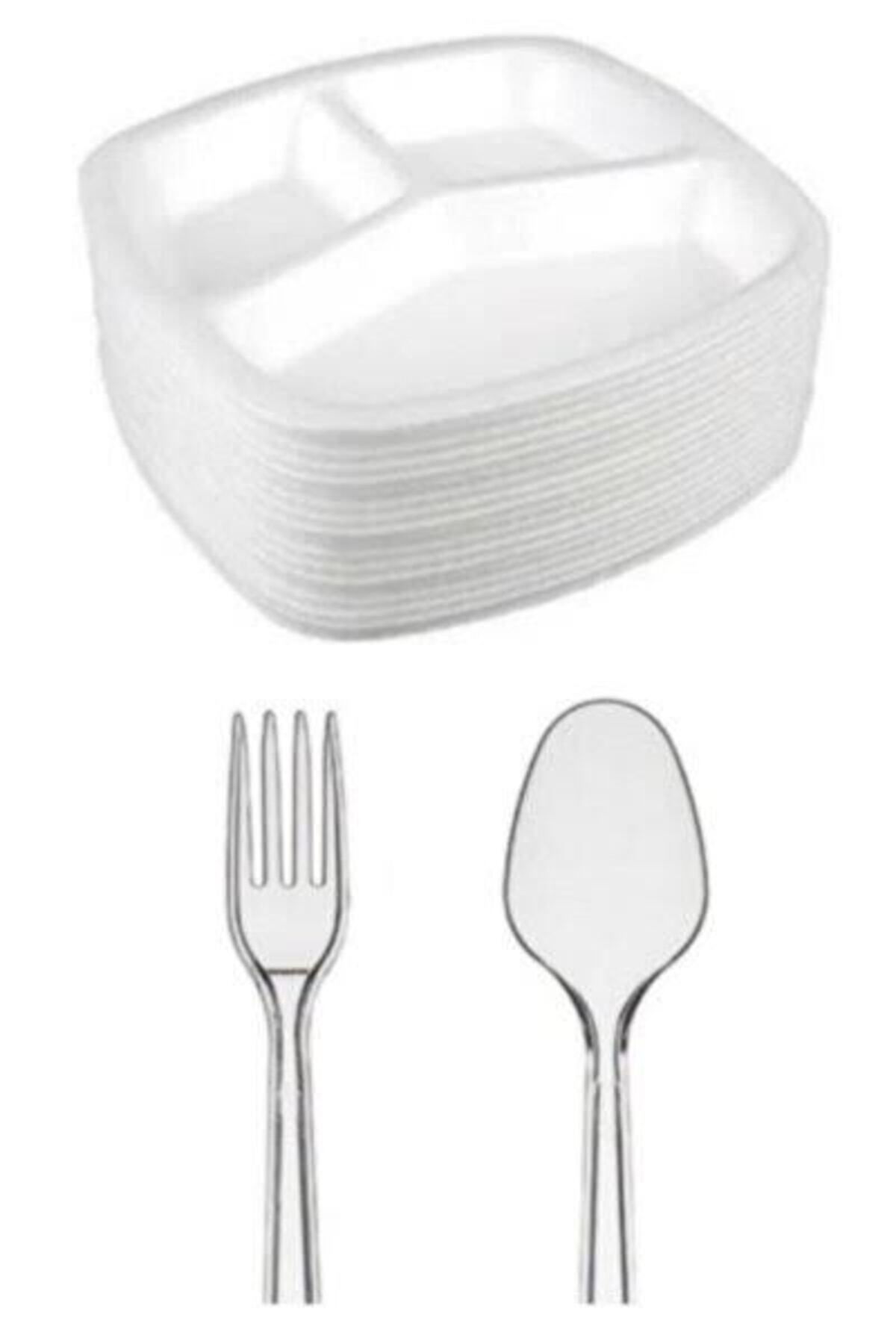 Mikasso Üç Göz Köpük Tabak 50'li Set (50 Adet 3 Göz Köpük Tabak, 50 Plastik Kaşık. 50 Plastik Çatal) 18 x 29