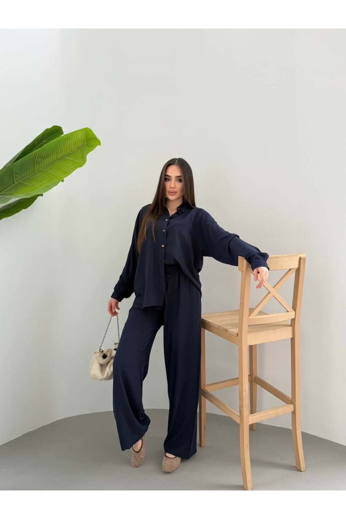 moda paketi Keten 2'li Pantolonlu Takım