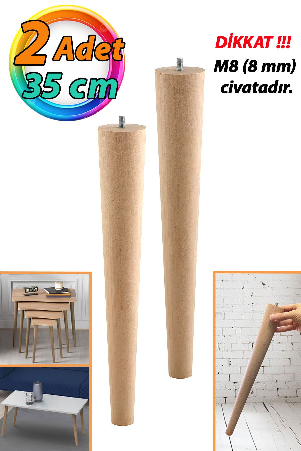 Mikasso 2 Adet Ahşap Ayak 35 Cm Masa Zigon Sehpa TV Ünitesi Puf Tabure Ayağı Ayakları Konik M8 Civatalı Bej