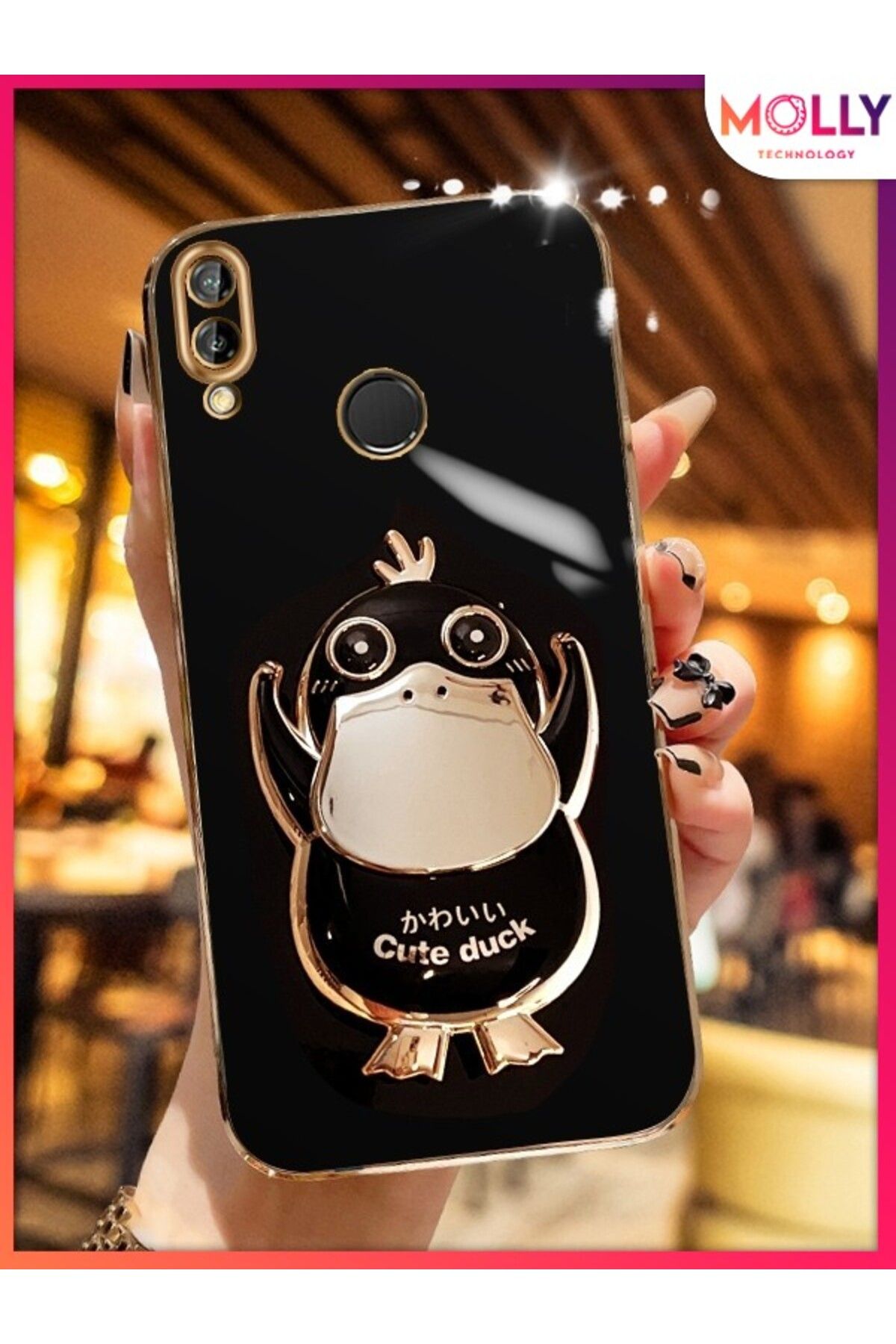 Molly Huawei P20 LİTE İçin Siyah Sevimli Ördek Standlı Kenarları Gold Detaylı Lüks Silikon Kılıf