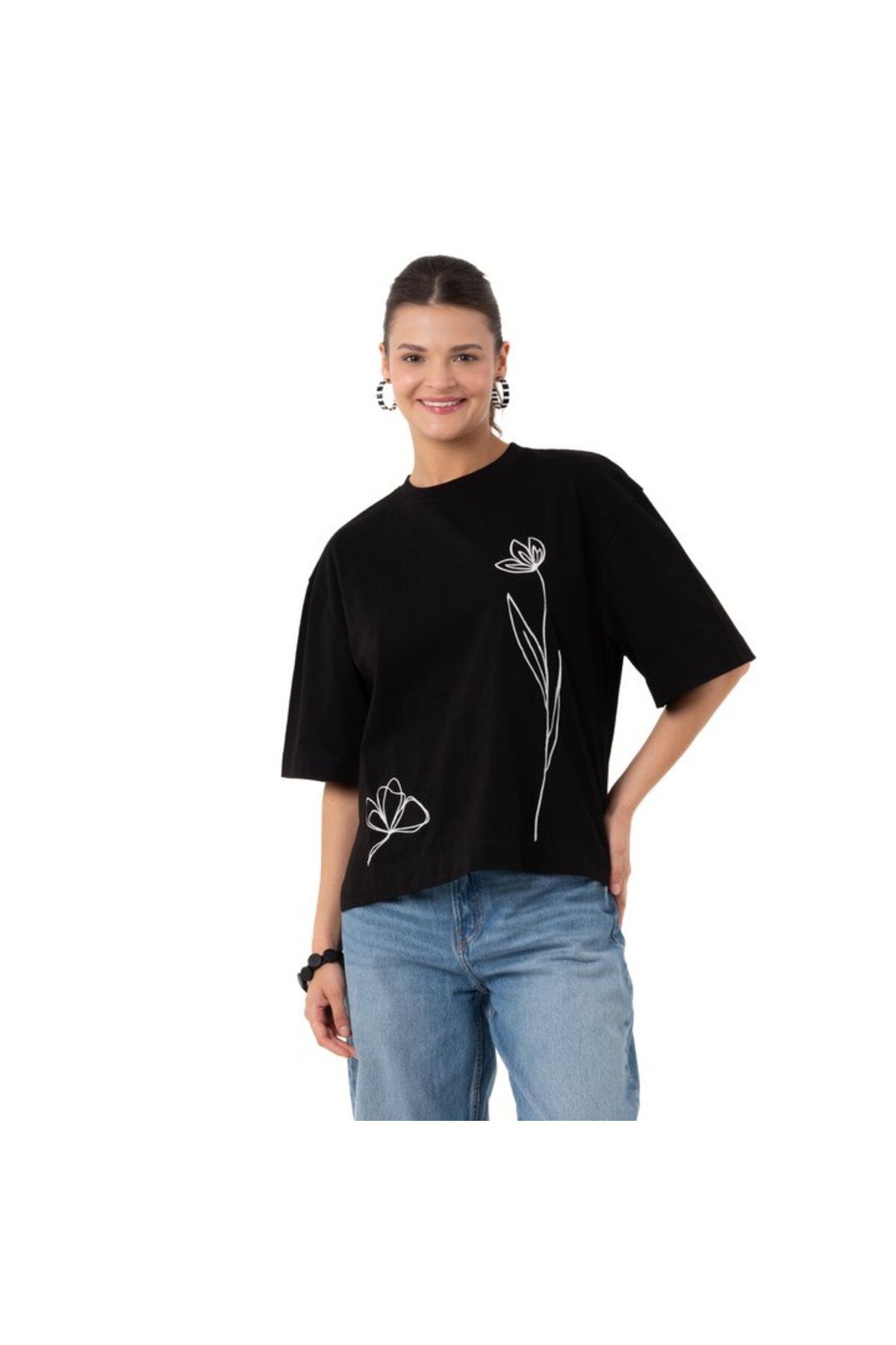 POG'S Two Flowers Crop Overisize Siyah T-Shirt