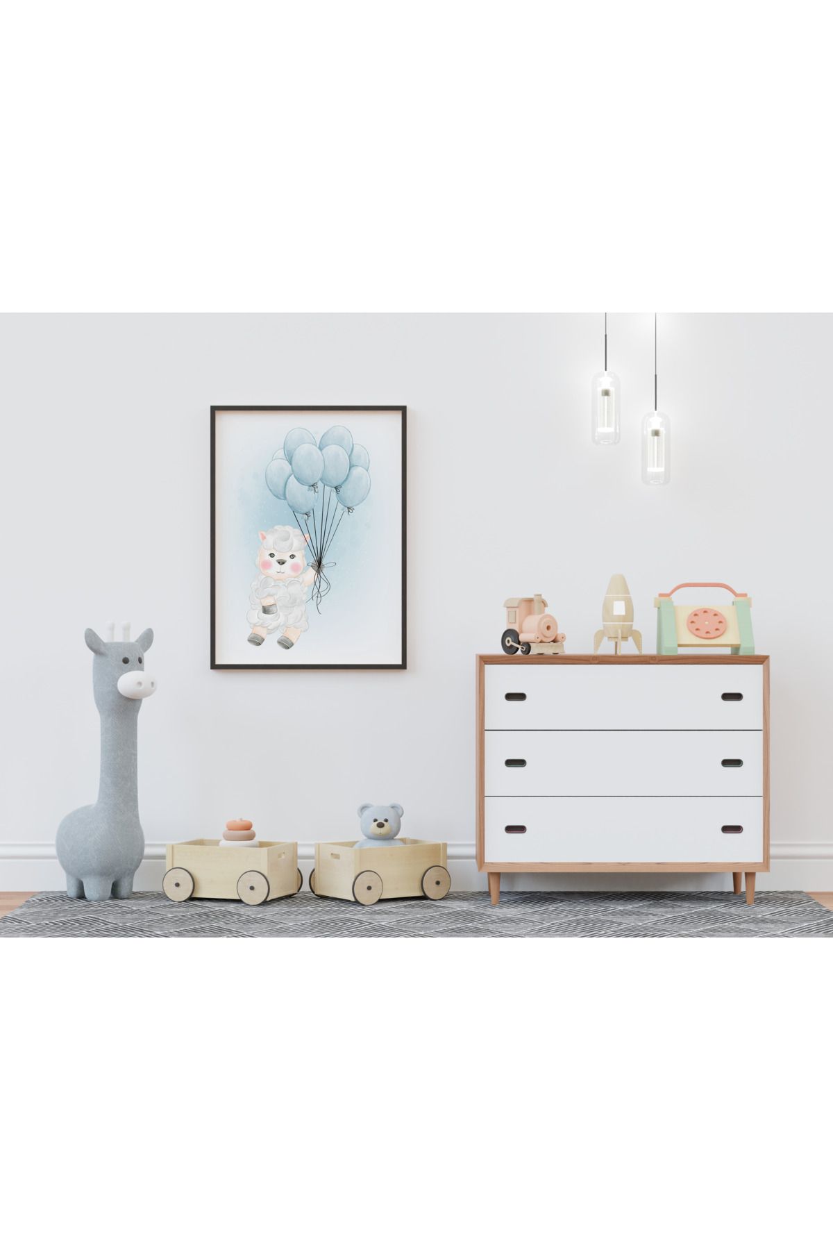 Home Balonlu Koyun Çerçeveli Çocuk ve Bebek Odası Tablosu