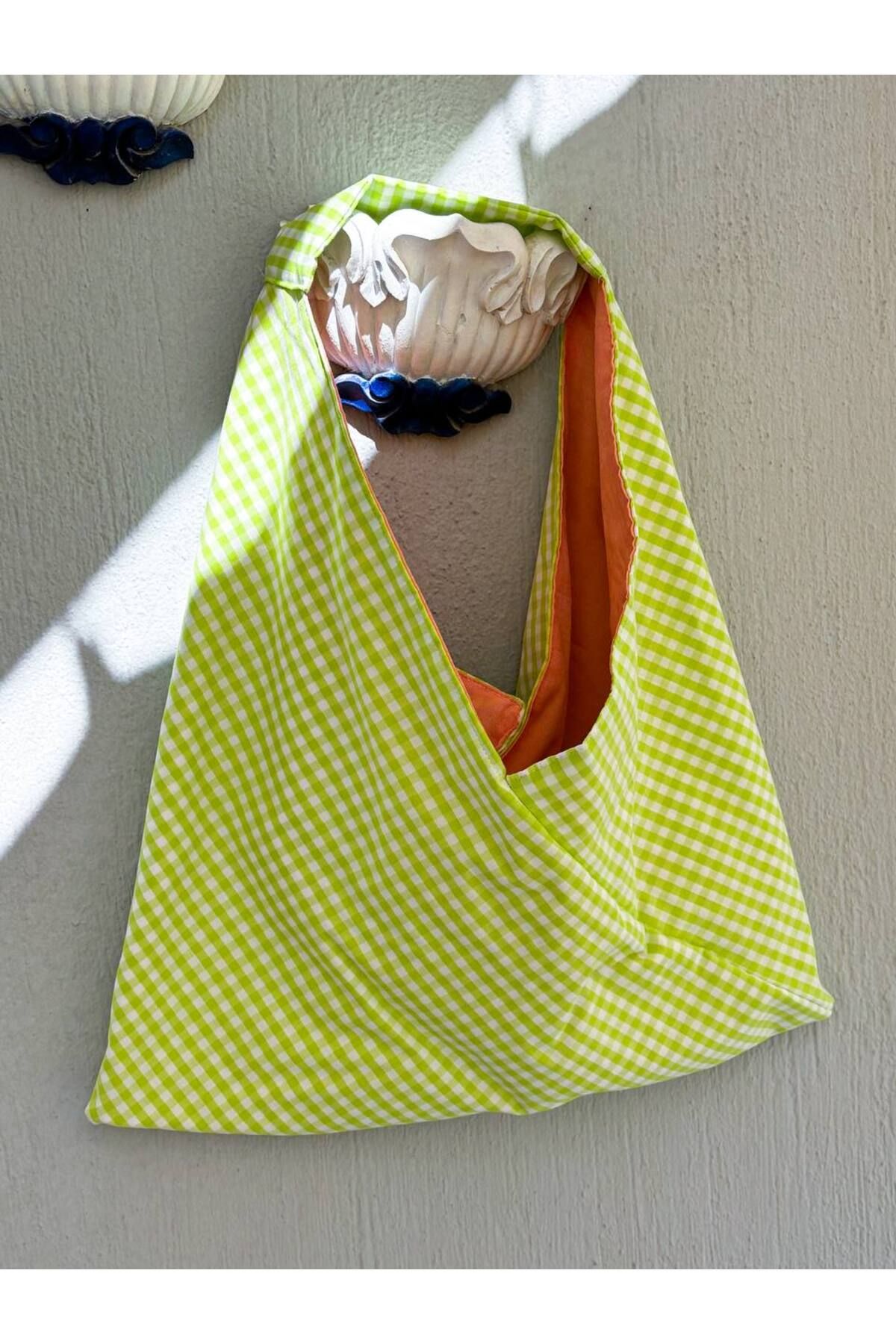 girlsybags Yeşil Pötikareli Tote Çanta Kumaş Tote Bag Neon Yeşil Shopper Çanta Plaj Çantası Bez Bag Astarlı