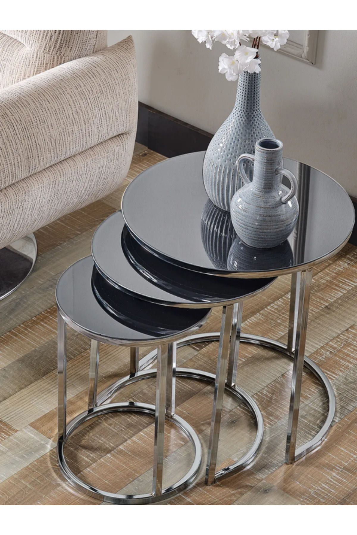 SEDAŞ LIVING UNITS Füme Aynalı Gümüş (Gri,Nikel) Metal ayaklı ZİGON SEHPA zigon-sedaş-lüx