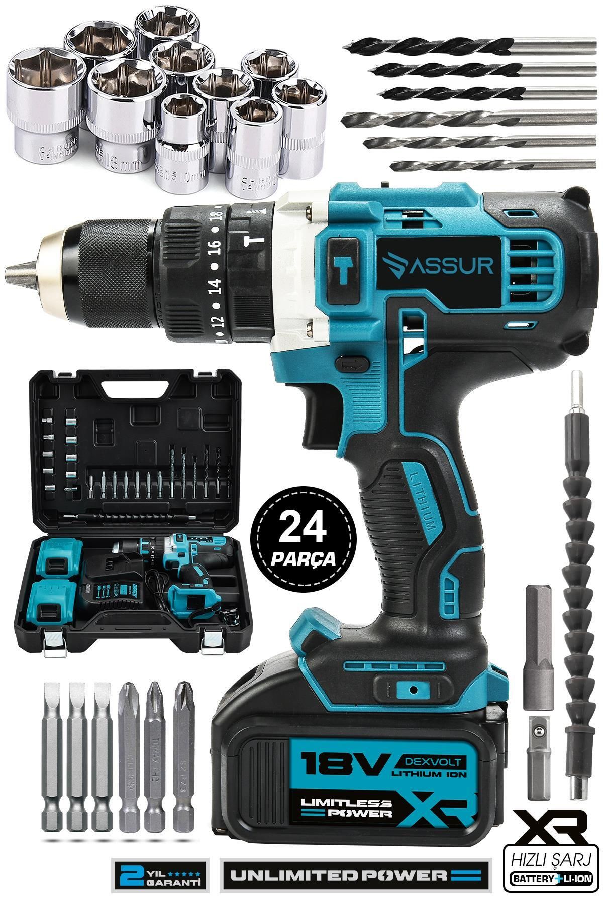 ASSUR Pro Metal Şanzıman 18V Çift Akülü Şarjlı Darbeli Matkap