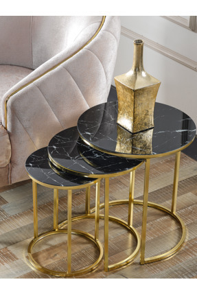 SEDAŞ LIVING UNITS 3' Lü Siyah Mermer Temperli (Kırılmaz) Cam Gold Ayak Zigon...