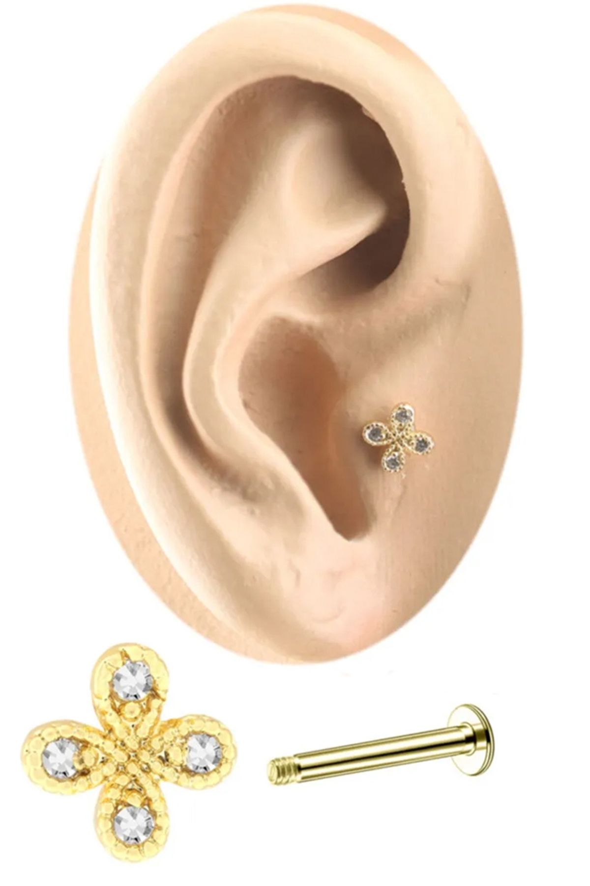 Cadının Dükkanı Zirkon Taşlı Gold Yonca Tragus-Helix-Kıkırdak Piercing