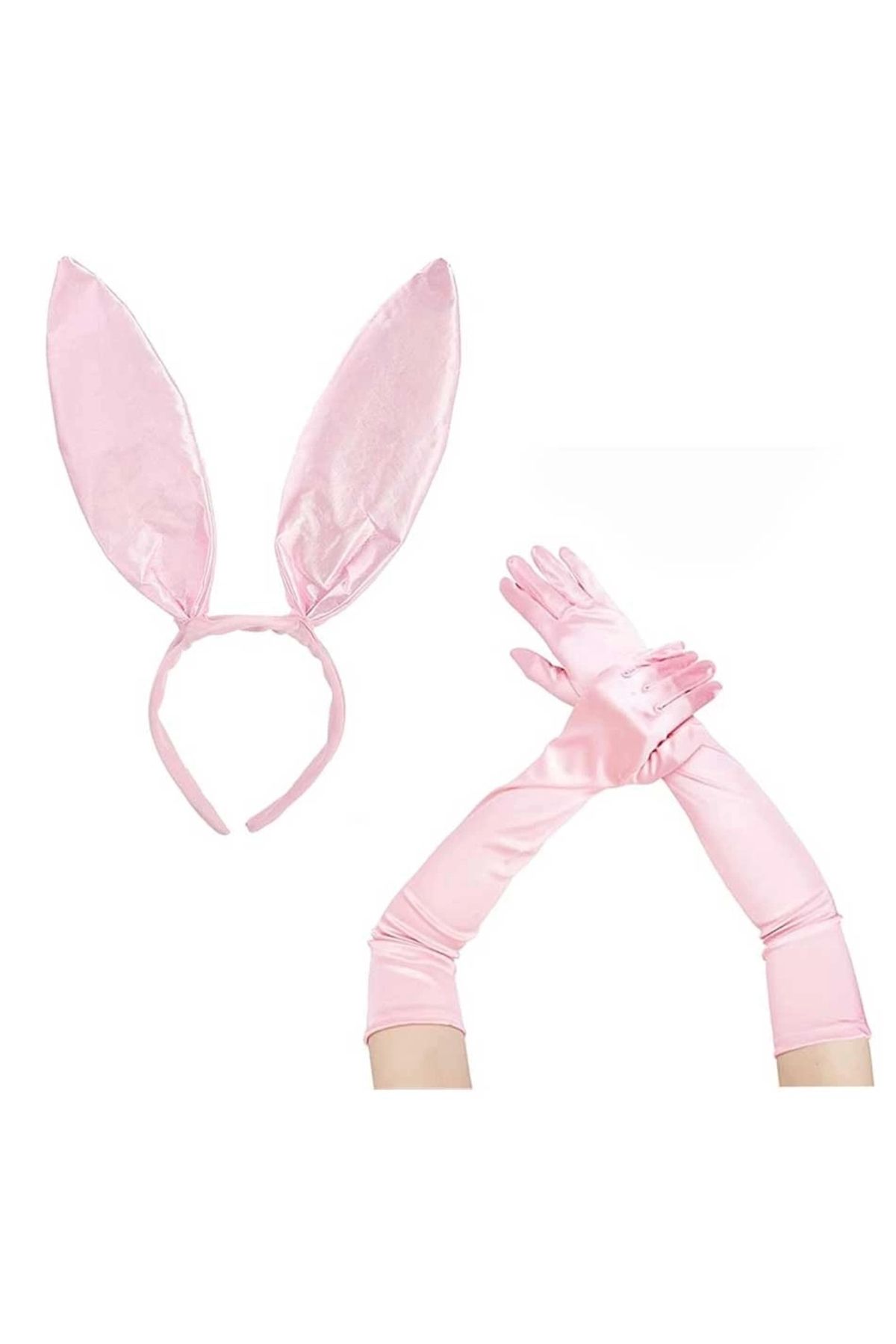 Nemere Saten Kaplama Soft Pembe Eldiven 40 cm ve Tavşan Kulak 2 li Set