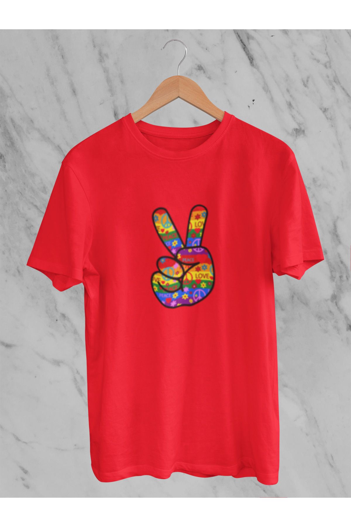 MG PEACE LOVE BASKILI KADIN BİSİKLET YAKA PAMUKLU OVERSIZE KALIP KISA KOLLU T-SHIRT