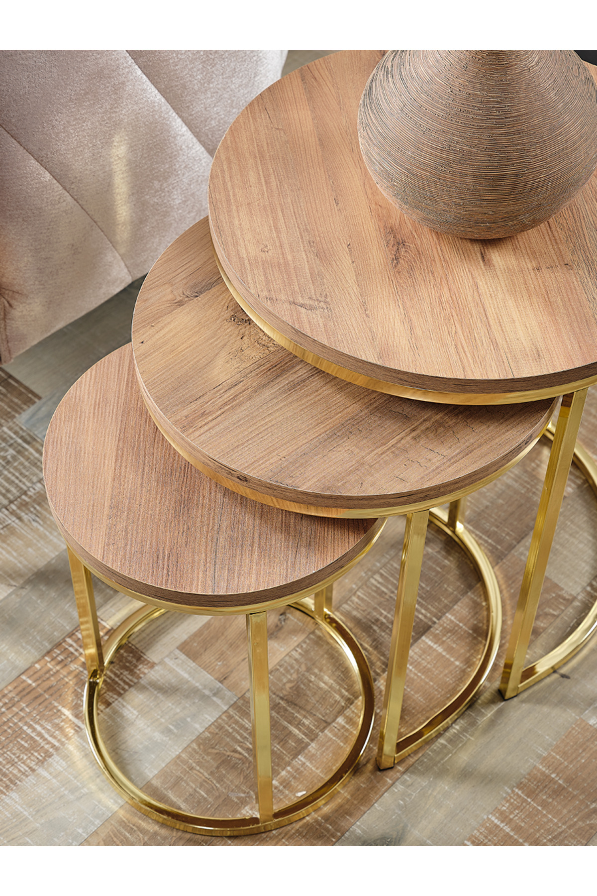 3 ADET ZİGON Açık Ceviz Suntalam Gold Metal Ayak Zigon Sehpa sedaş-living-units-sehpa-zigon