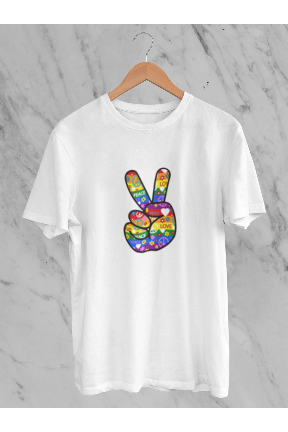 MG PEACE LOVE BASKILI KADIN BİSİKLET YAKA PAMUKLU OVERSIZE KALIP KISA KOLLU T-SHIRT