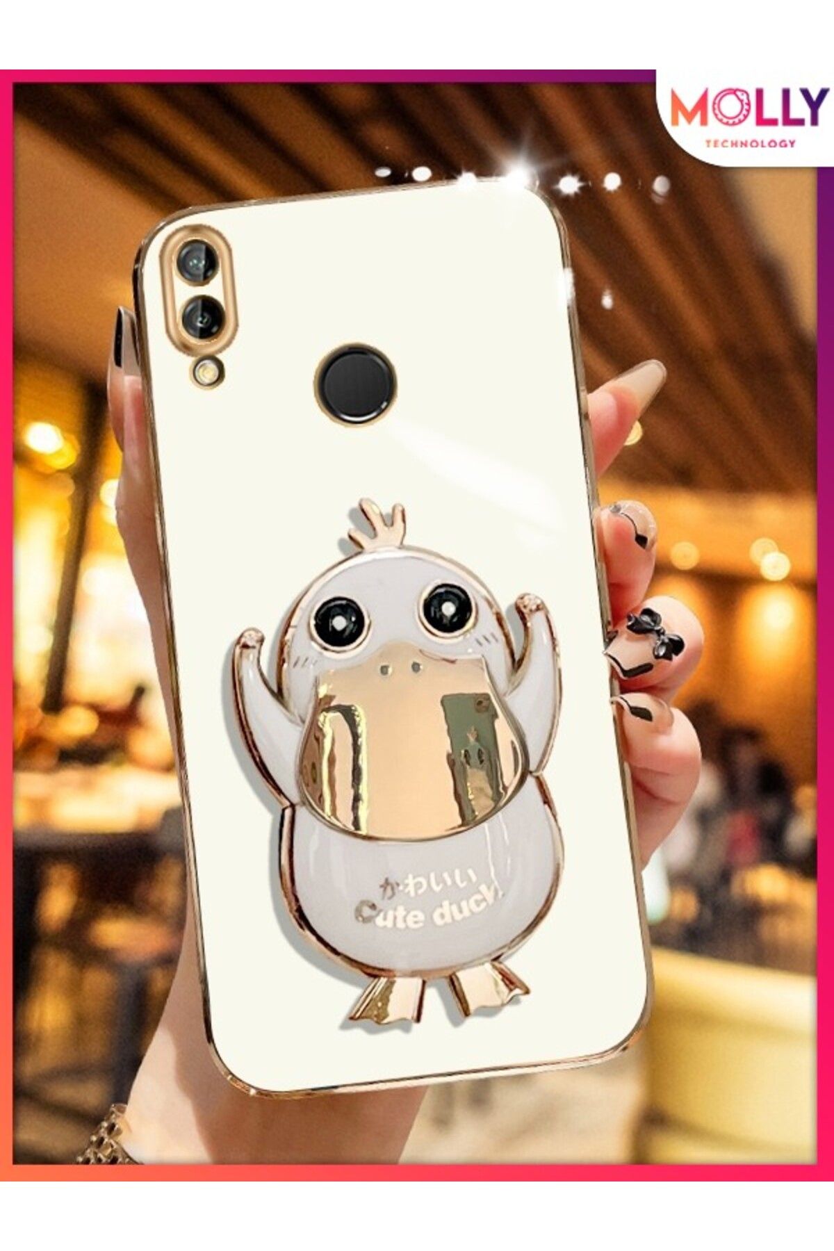 Molly Huawei P20 LİTE İçin İnci Beyazı Sevimli Ördek Standlı Kenarları Gold Detaylı Lüks Silikon Kılıf