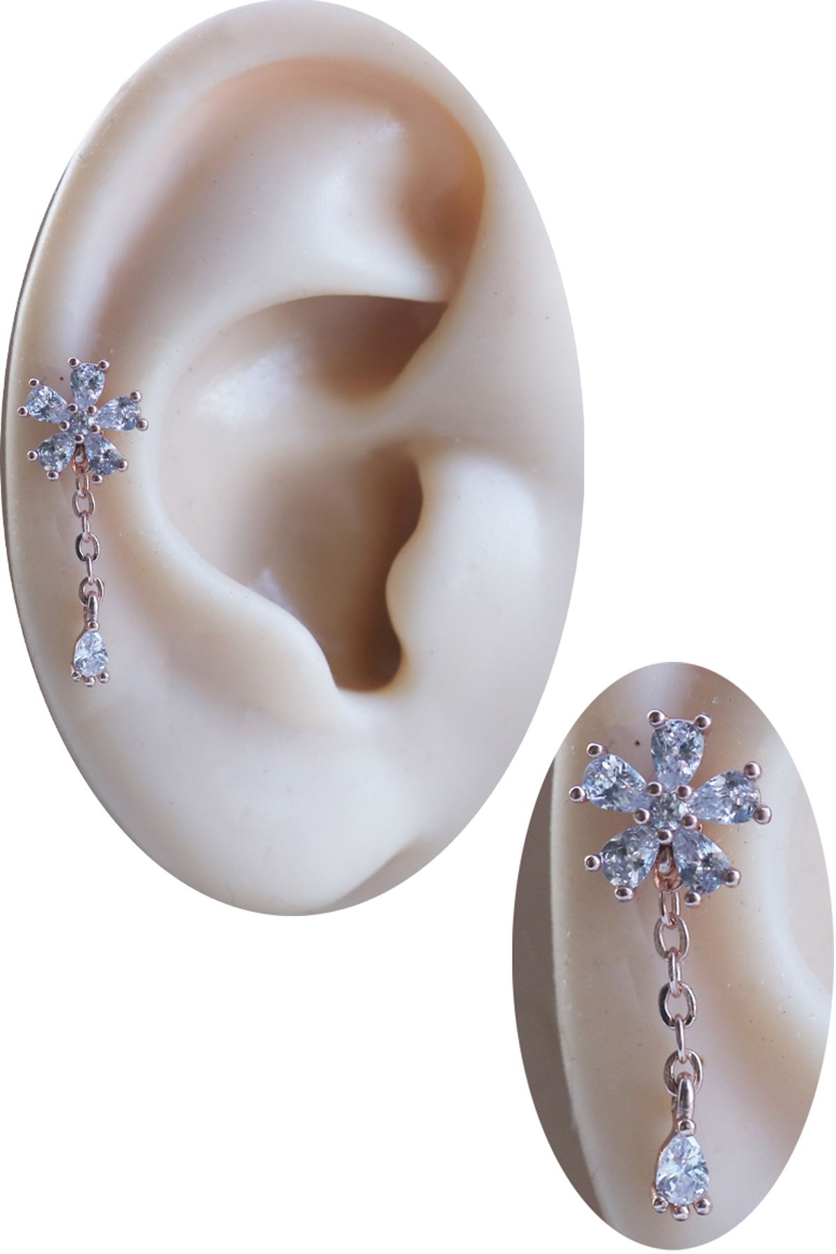 Cadının Dükkanı Zirkon Taşlı Rose Sallantılı Çiçek Helix-Kıkırdak Piercing