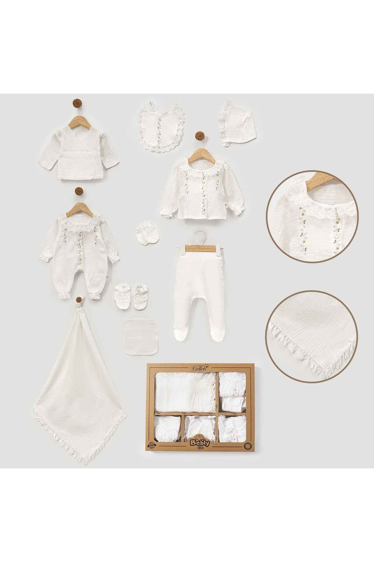 Pure Kids Store Kutulu %100 Organik Pamuk Müslin 10 Parça Kız Bebek Çiçek Nakış Dantelli Hastane Çıkış Seti
