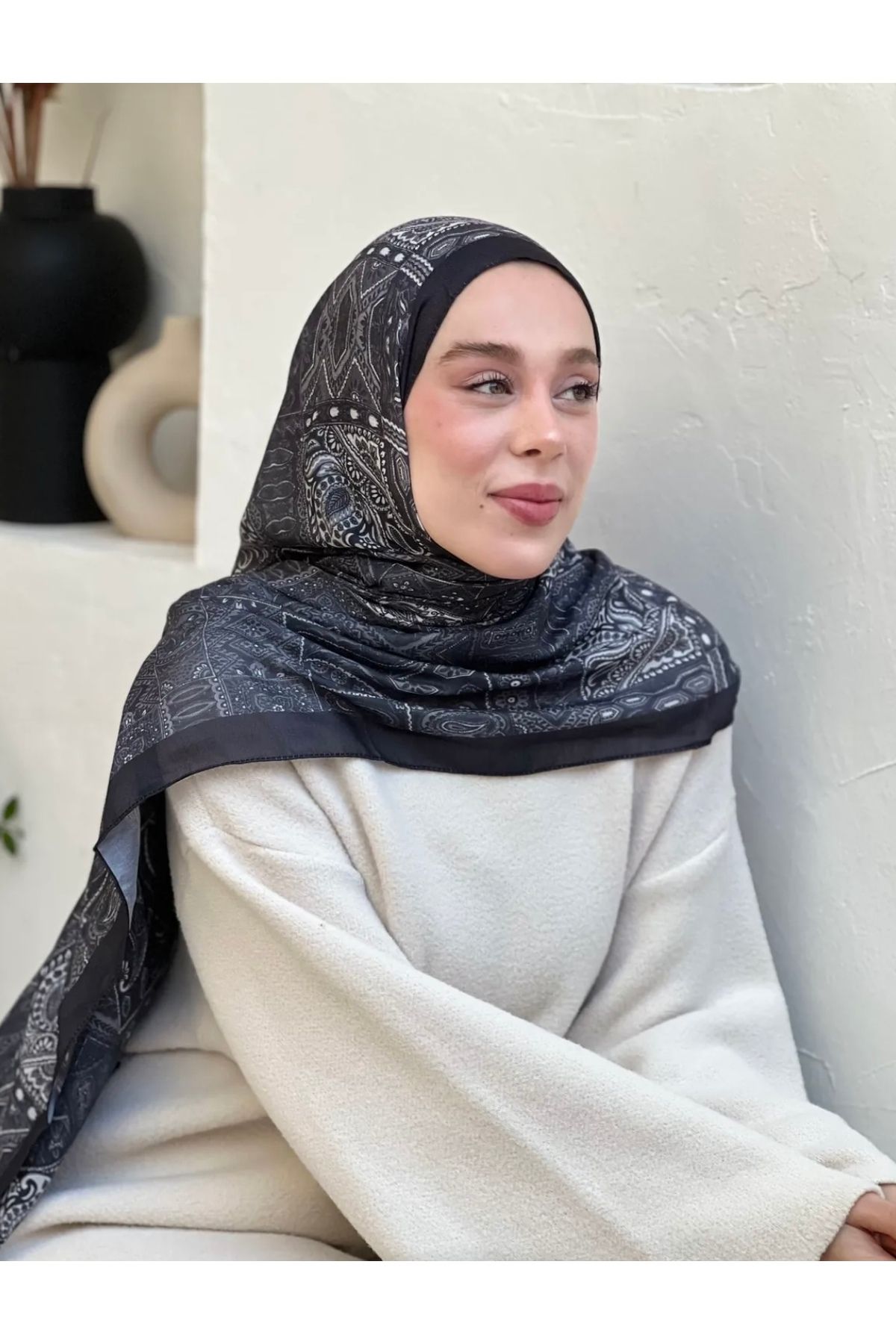 Modakaşmir Sienna siyah beyaz pamuk şal