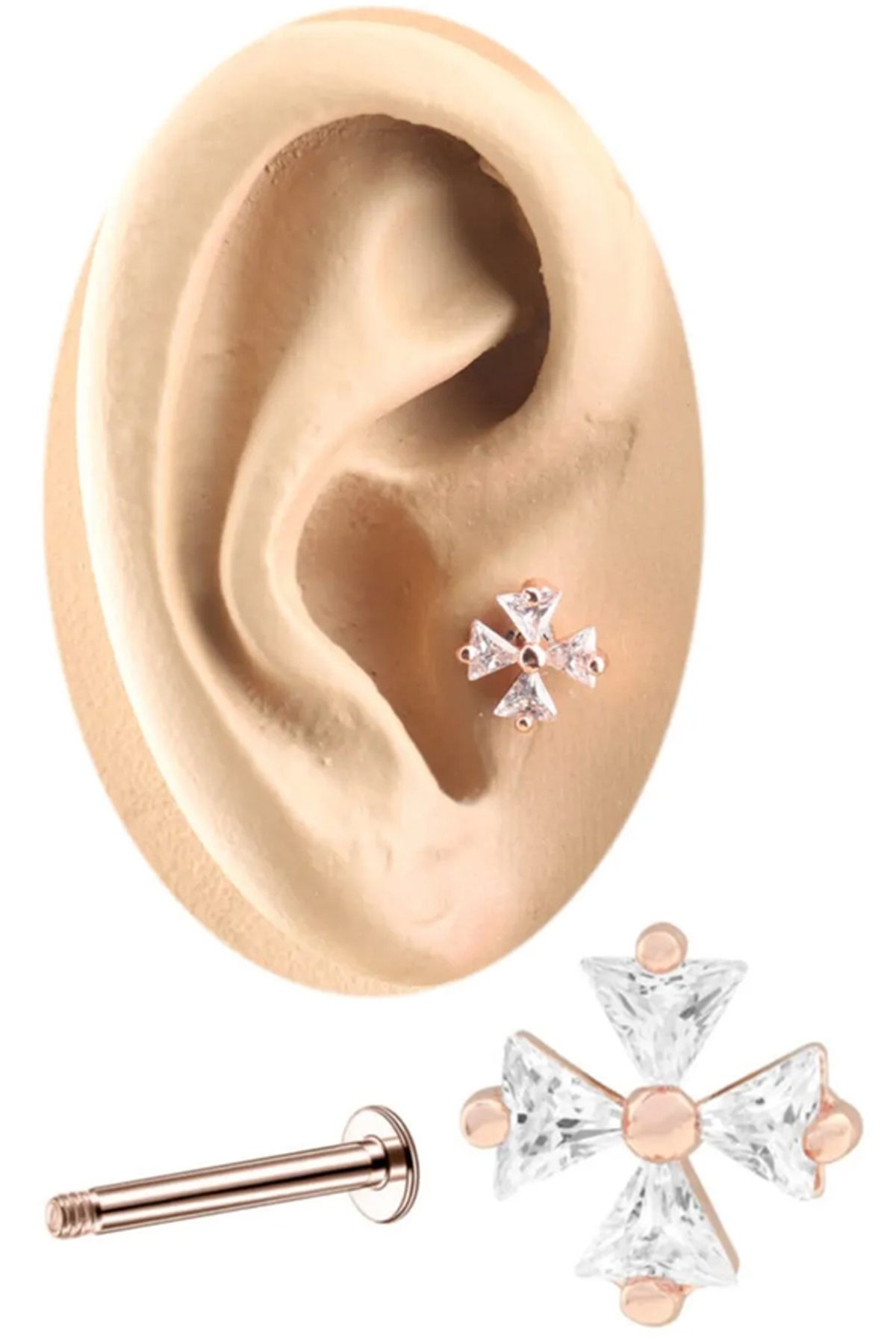 Cadının Dükkanı Zirkon Taşlı Rose Yonca Tragus-Helix-Kıkırdak Piercing