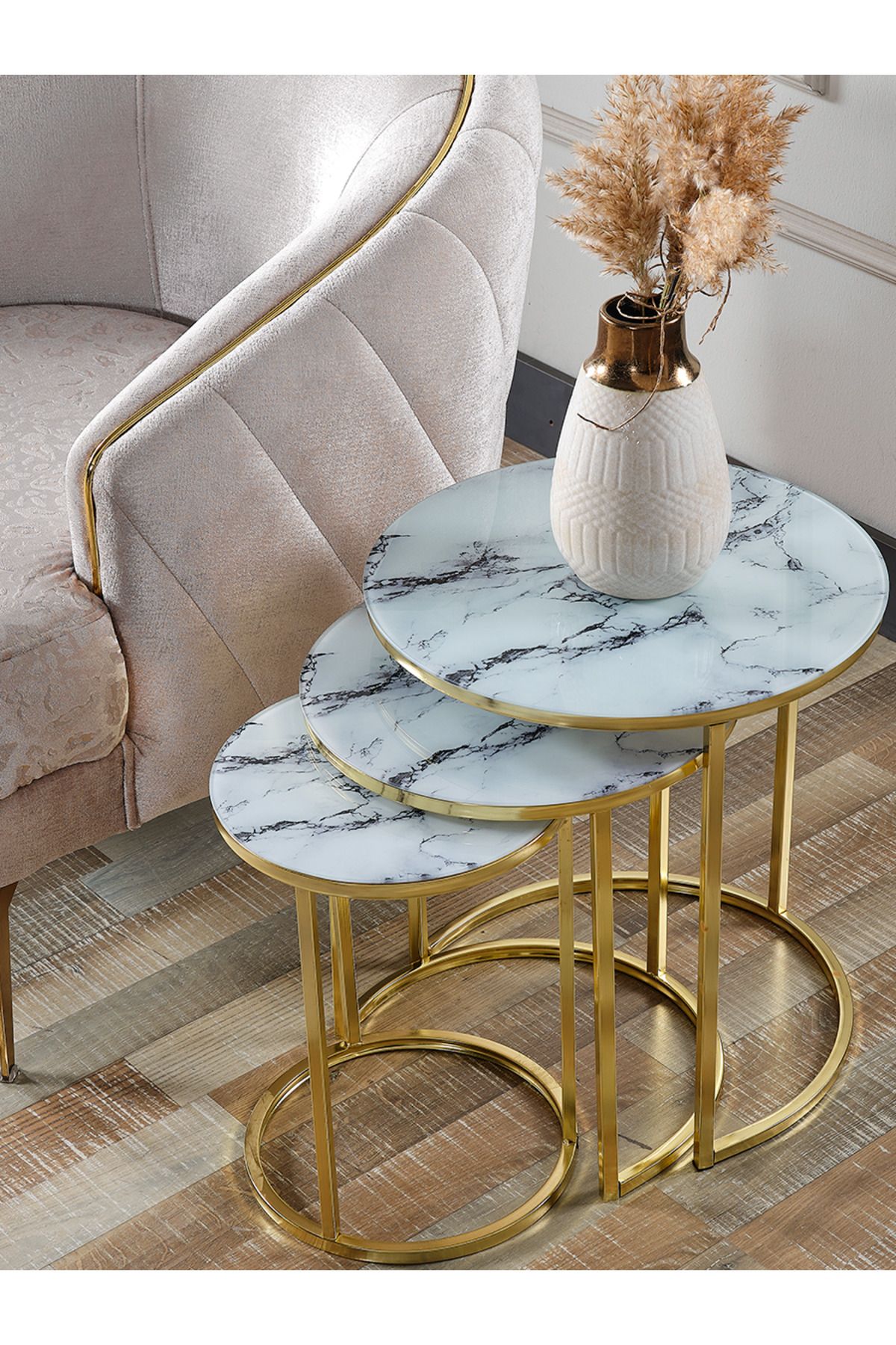 SEDAŞ LIVING UNITS 3 ADET Beyaz Mermer Temperli Cam Gold Metal Zigon Sehpa sedaş-lıvıng-unıts-sehpa-zigon