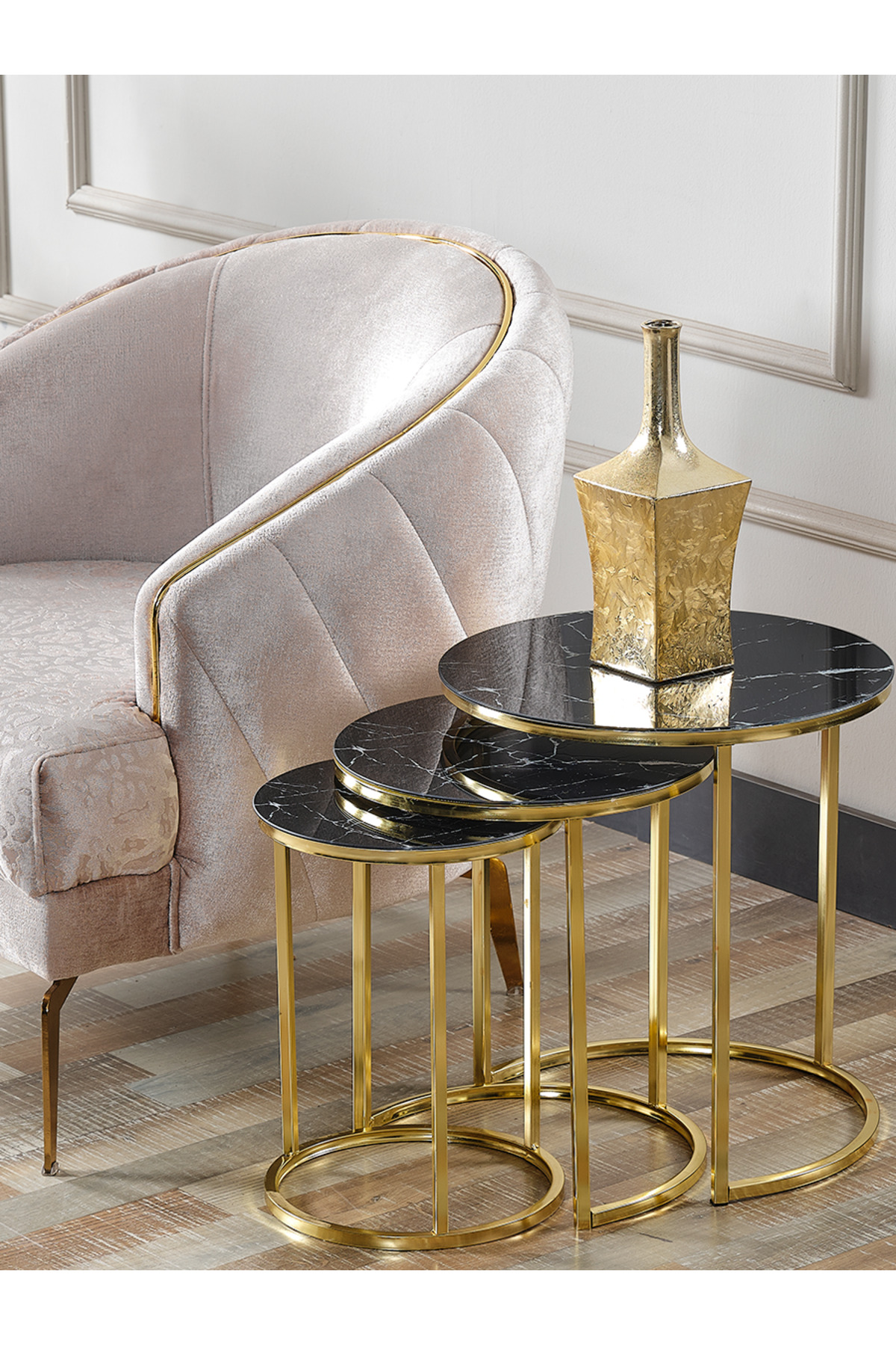 3' Lü Siyah Mermer Temperli (Kırılmaz) Cam Gold Ayak Zigon Sehpa