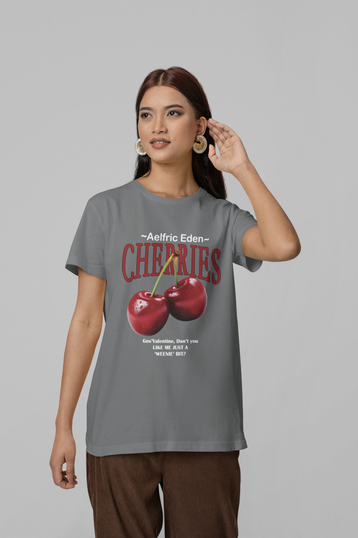 NEVERMIND Unisex Erkek/Kadın CHERRIES Özel Baskılı Oversize Pamuklu Bisiklet Yaka T-Shirt