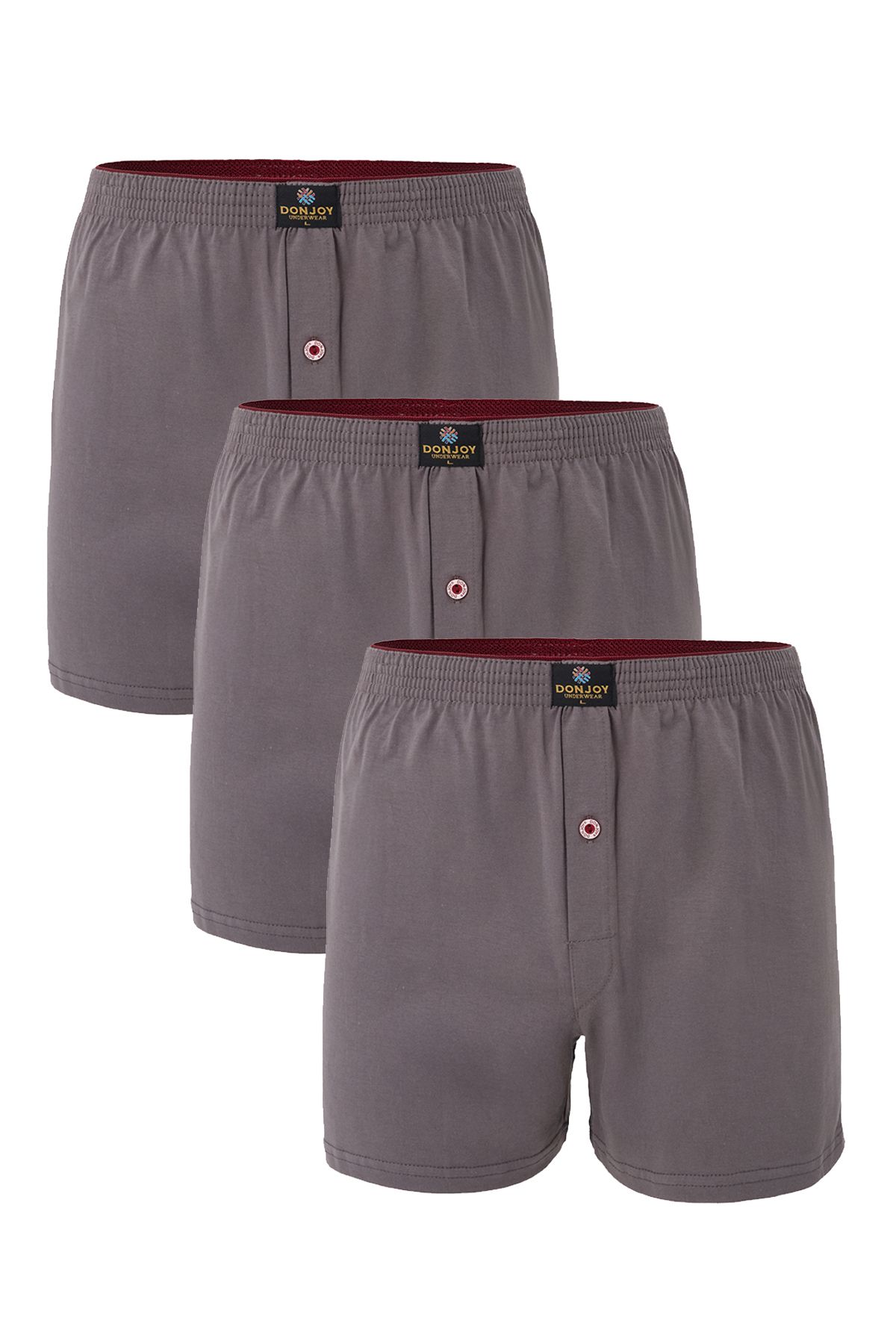 don joy Erkek 3'lü Pamuklu Penye Beli Lastikli Düğmeli Füme Boxer