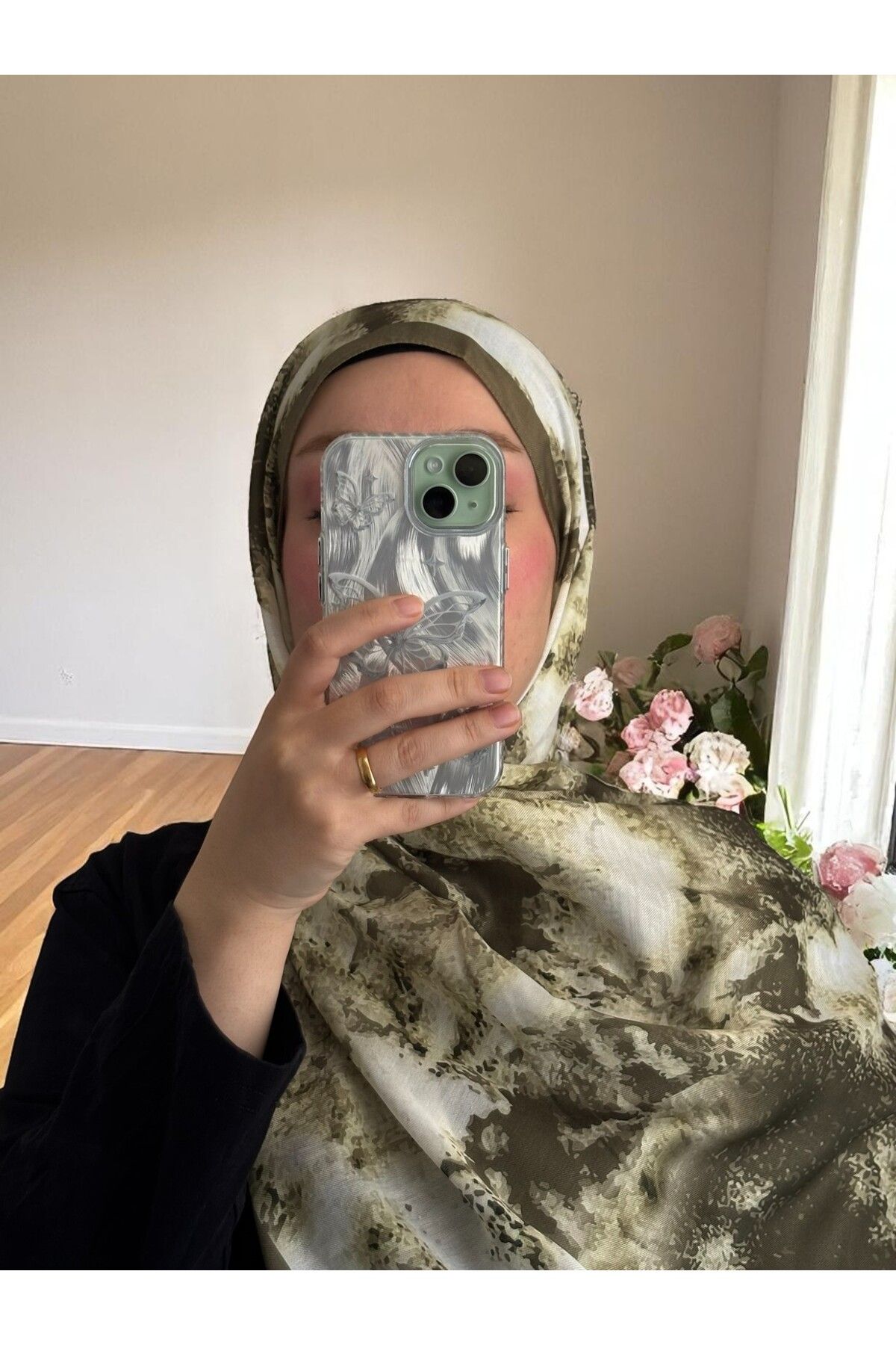 Lavena scarfs Bohem Serisi Bohem Desen Pamuklu Dijital Soft Şal - Yeşil