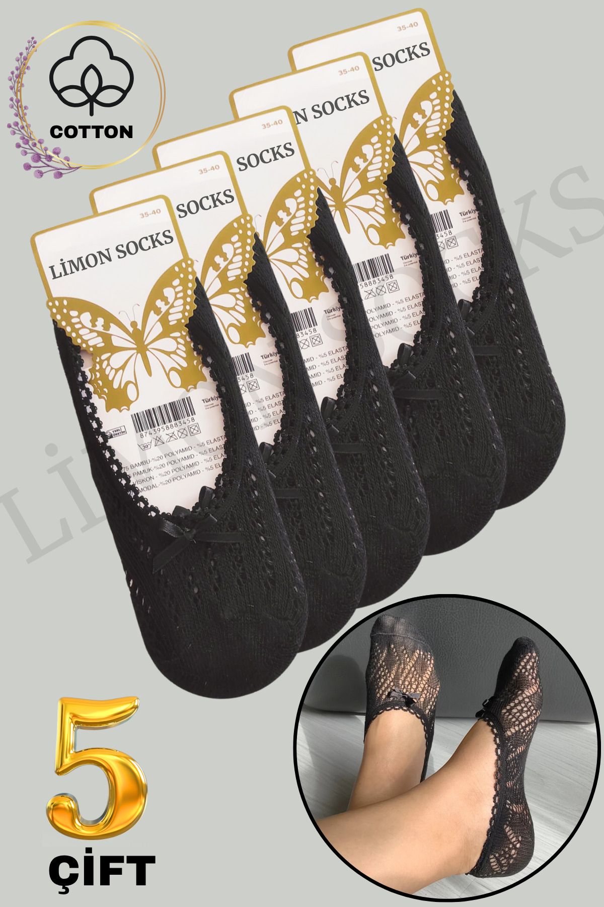 Limon Socks Kadın Fiyonklu Babet Çorap (5 ÇİFT) Dantel Model Kısa Çorap Seti