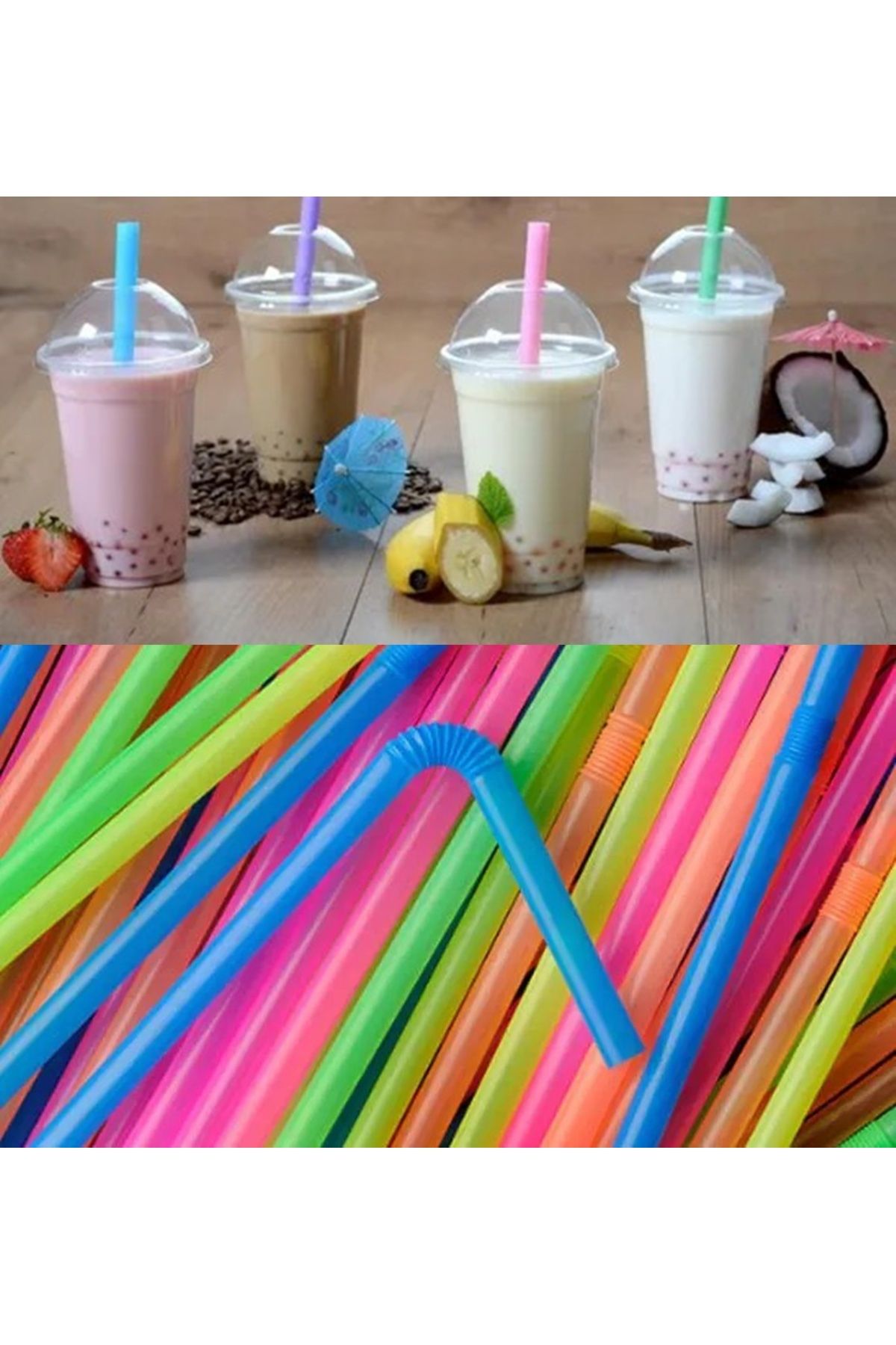 Ecoflex 300 cc Plastik Pet Limonata Milkshake Bardağı 50 Adet Kapaklı ve Pipetli