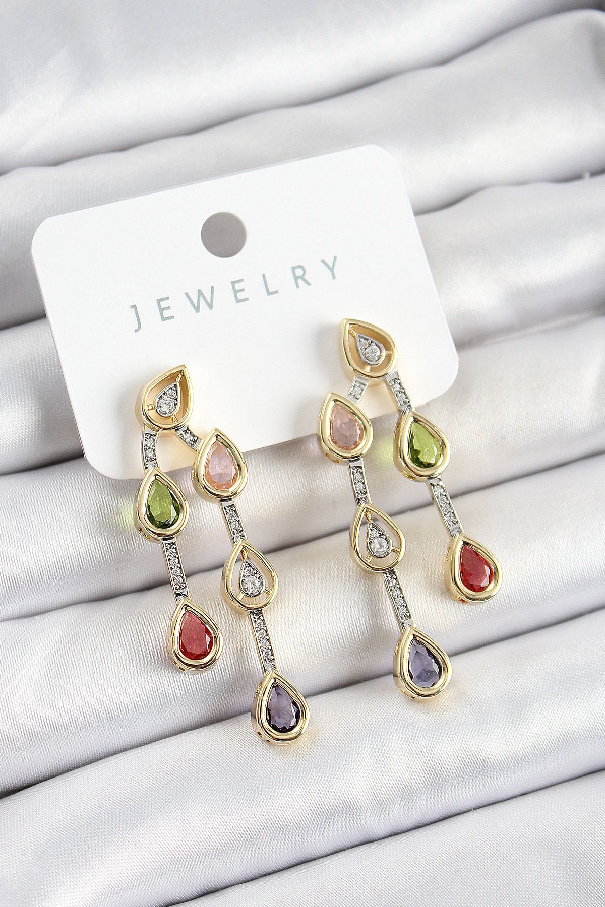 NEZADE STORE Pirinç Çoklu Damla Model Karşık Zirkon Taşlı Gold Ve Gümüş Renk Kadın Küpe