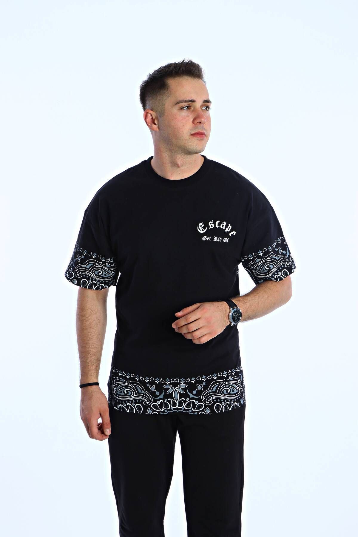 eg38 Gng Escape Baskılı Oversize Tişört Siyah