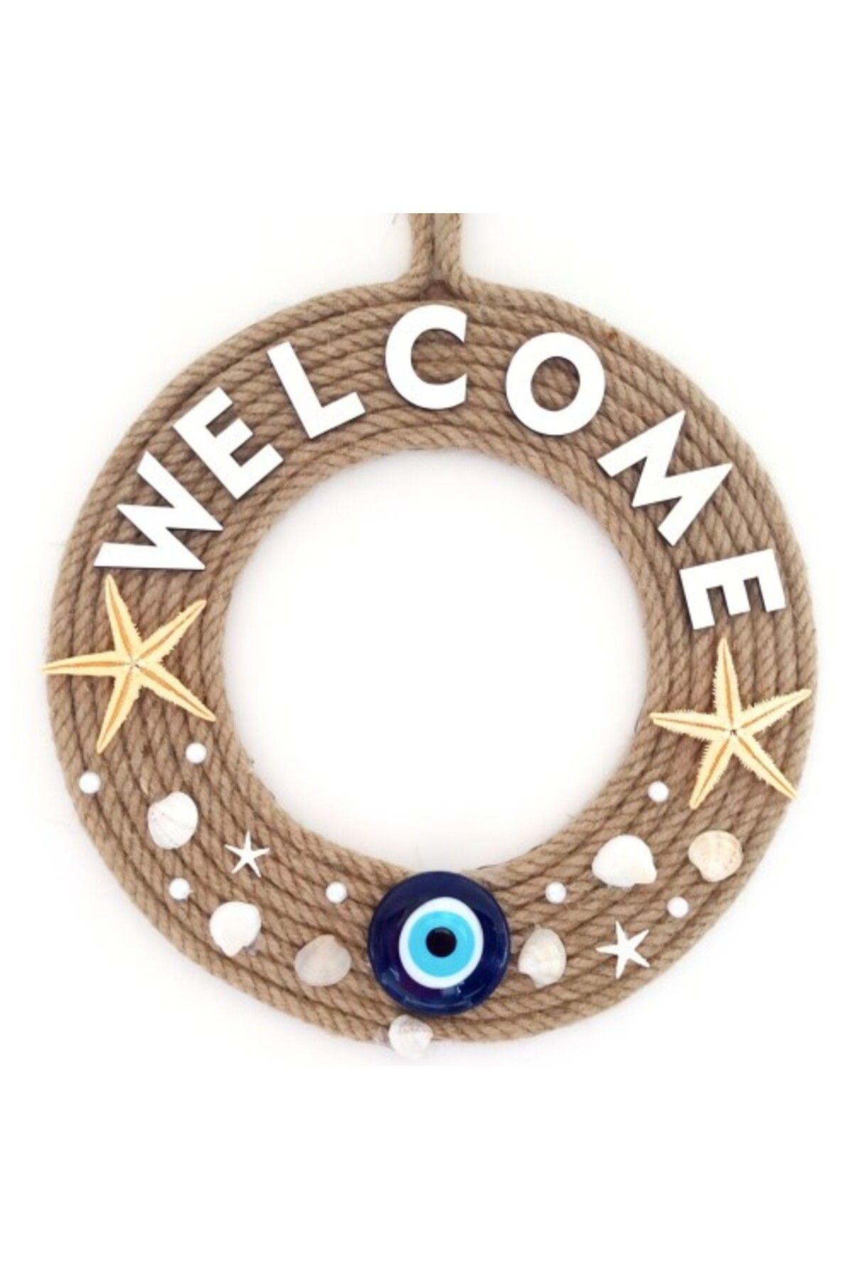 SAVA HOME COLLECTİON Jüt İpten Deniz Yıldızlı Nazar Boncuklu İncili Deniz Yıldızlı Welcome Yazılı Kapı Süsü