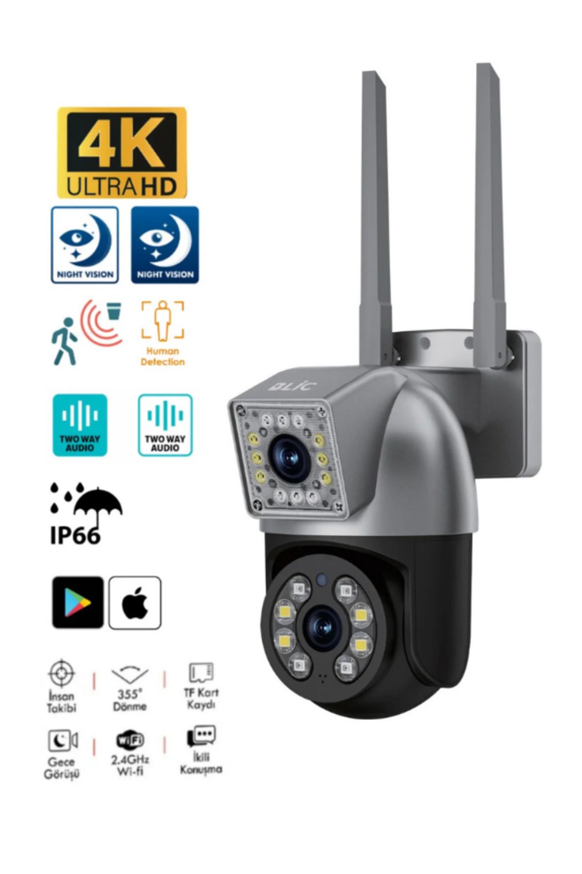 Hietech 4MP İç ve Dış Mekan Uyumlu IP Kamera IP66 Sertifikalı Hareket Takip Dual Lens Güvenlik KamerasıBLM76