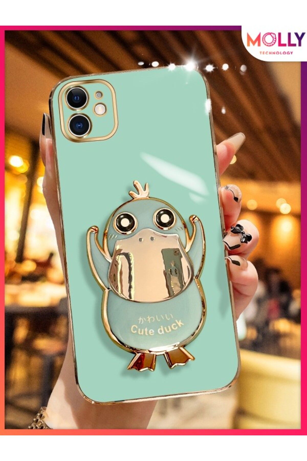 Molly iPhone 11 İçin Su Yeşili Sevimli Ördek Standlı Kenarları Gold Detaylı Lüks Silikon Kılıf