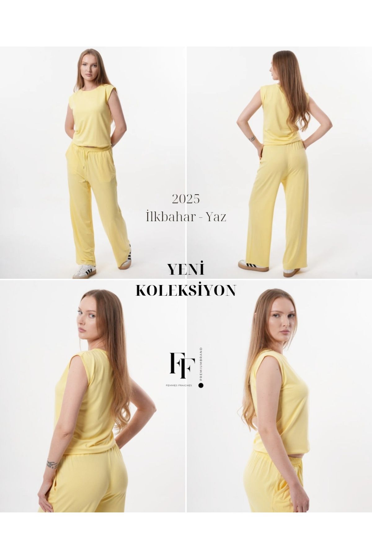 femmes fraiches Femmes Luna Sarı Set ( Jogger Pantolon + Sıfır Kol T-shirt )