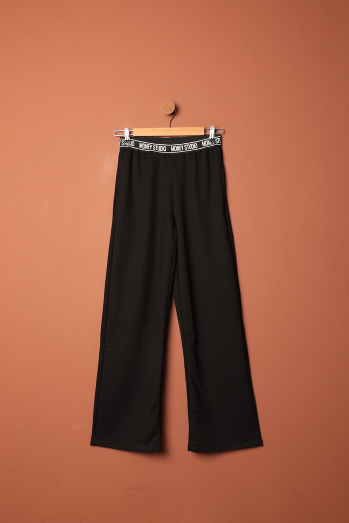 devrialemshoes İki İplik Kumaş Beli Yazı Detaylı Kadın Pantolon-Siyah