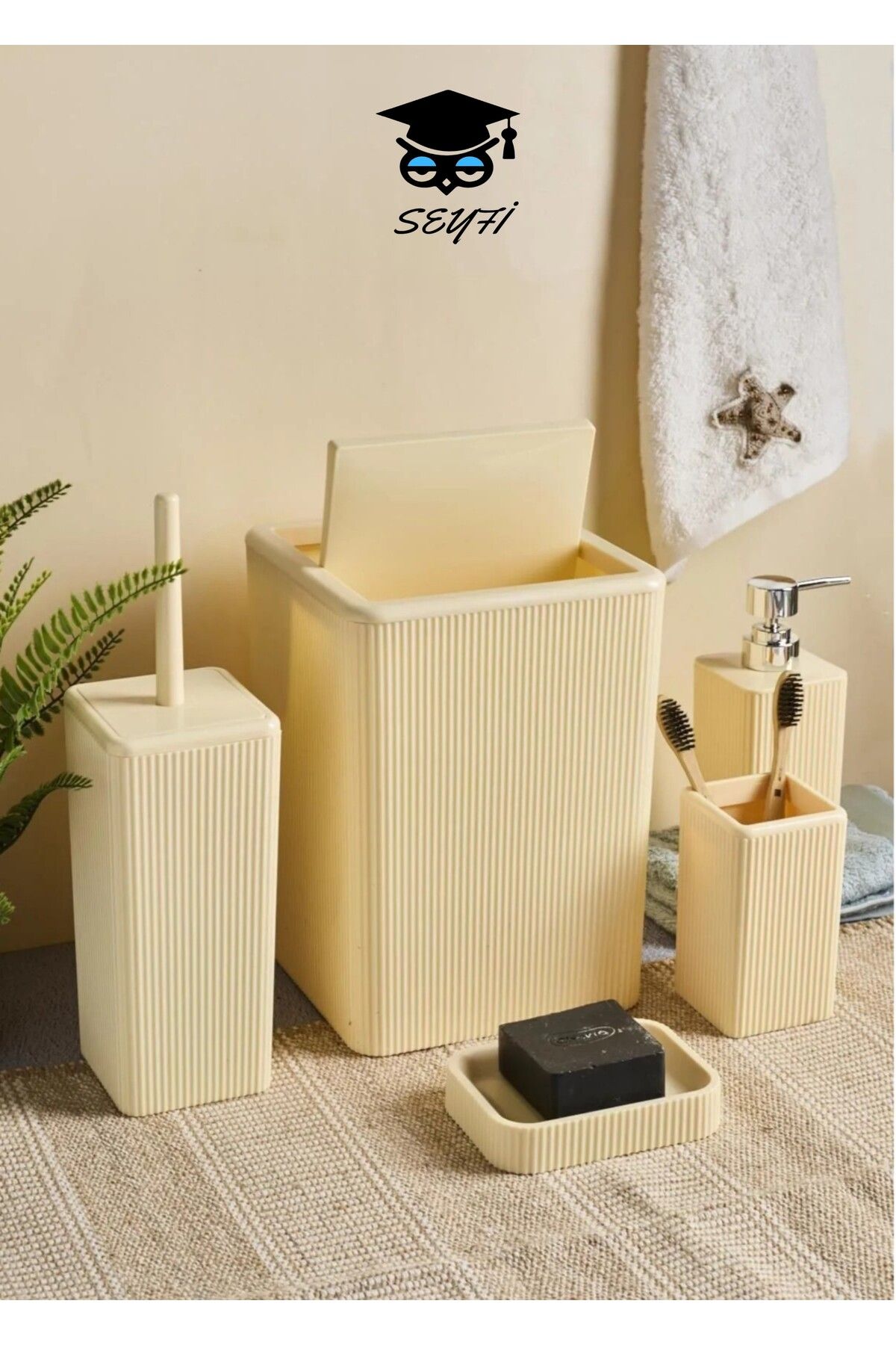 SEYFİKİRTASİYE PLASTİK 5'li Kare Banyo Seti Krem renk Palerm0 TÜRK MALI