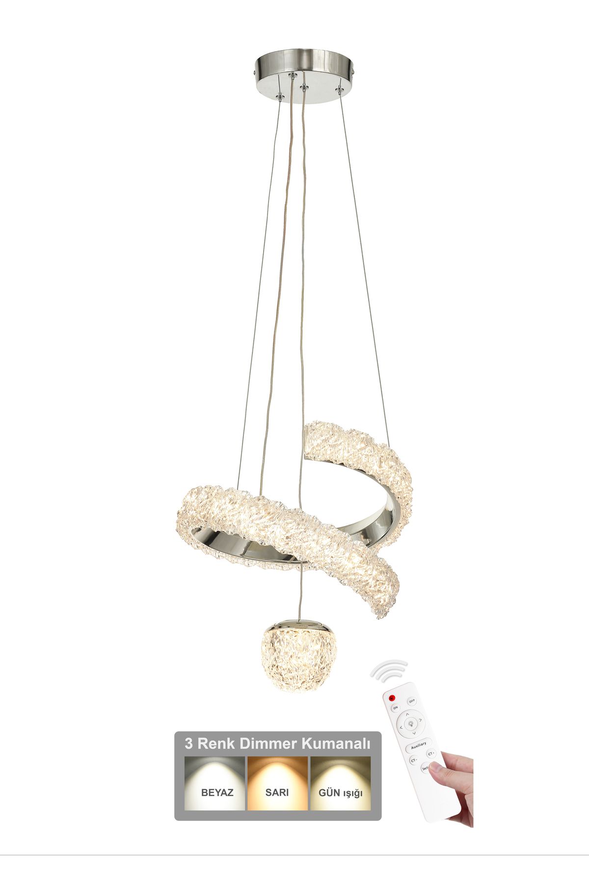 Avizemoda Milly Tekli Dimmer Kumandalı 3 Renk Ledli (Sarı-Beyaz-Gün Işığı) Modern Akrilik Avize -Krom