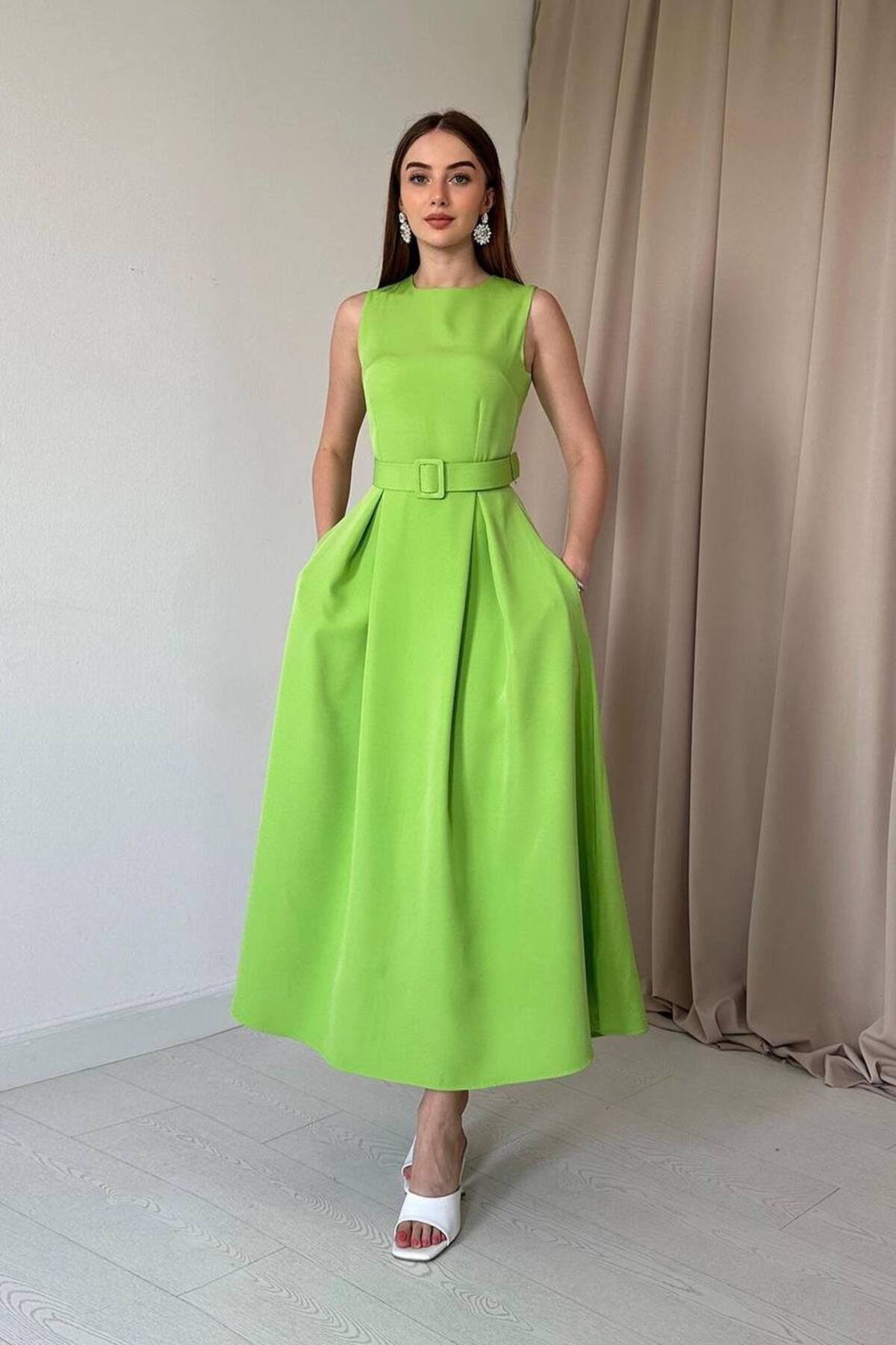 Castivo Fashion Belden Kemerli A Kesim Midi Elbise