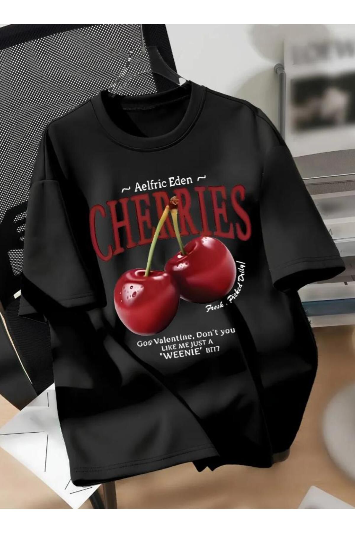 Framgan Unisex Erkek/Kadın CHERRIES Özel Baskılı Oversize Pamuklu Bisiklet Yaka T-Shirt