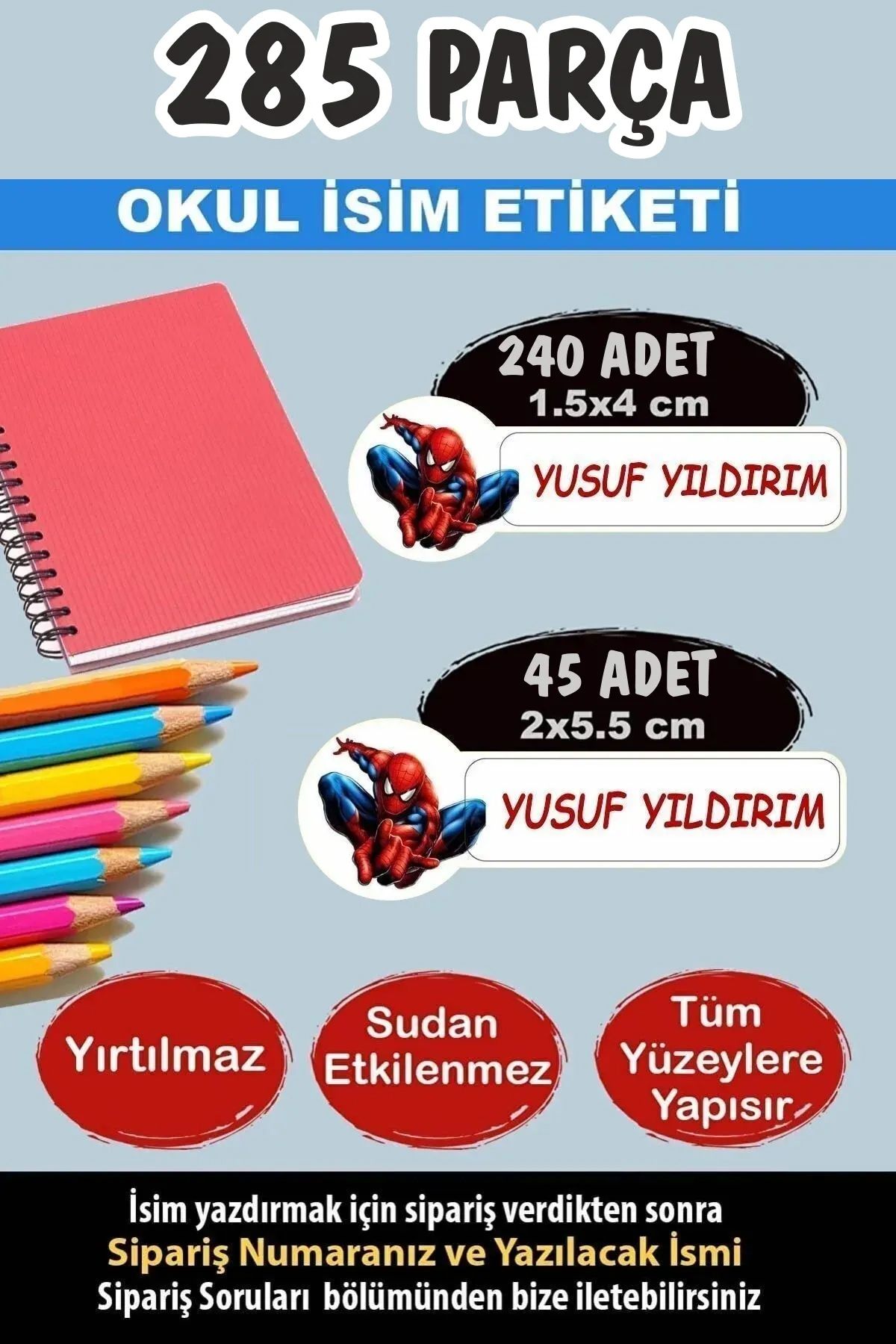 KT Decor Okul Kalem Defter Etiketi Spider İsimli Etiket 285 Adet