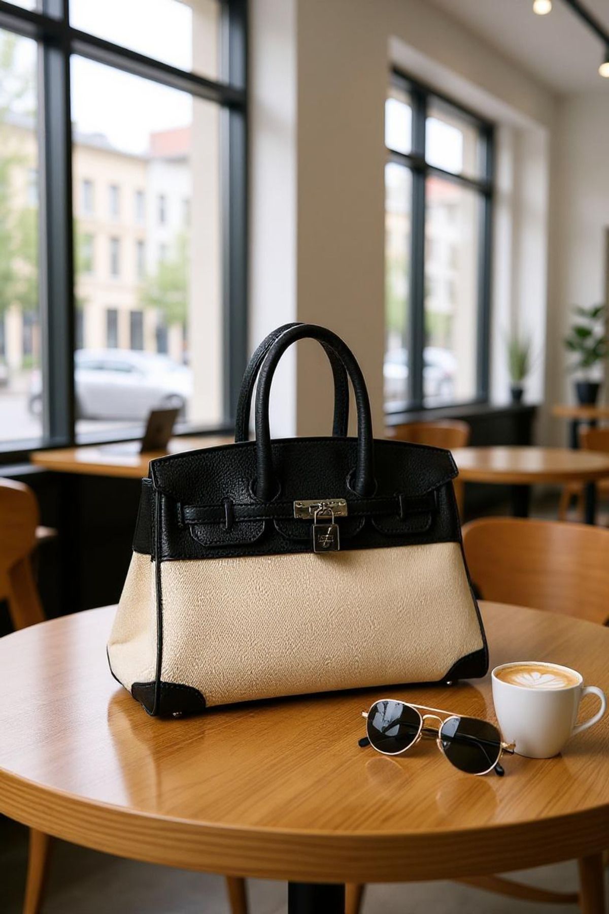 GOLDEN POLO Kadın Uzun Askılı Kilit Detaylı El ve Omuz Çantası – Bej Siyah (Birkin Stil)