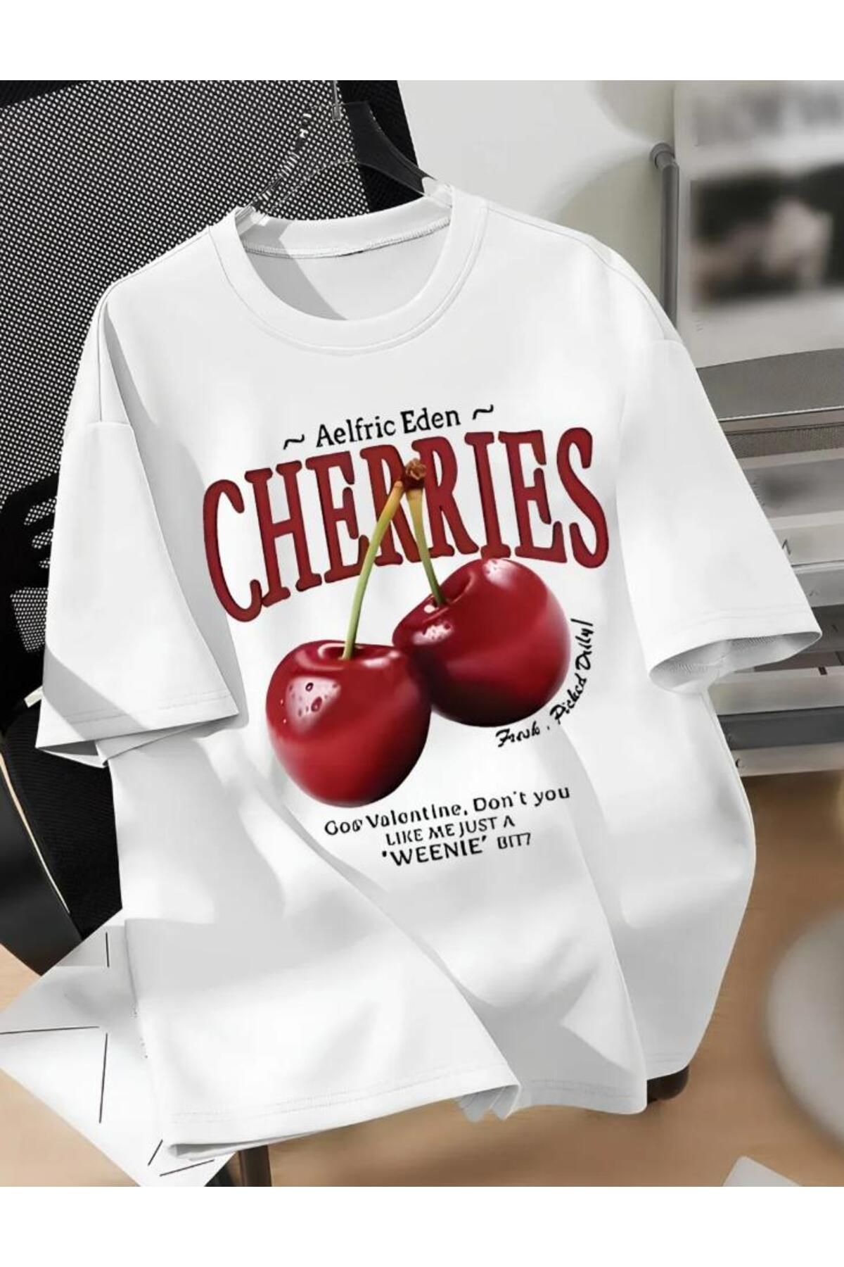 Framgan Unisex Erkek/Kadın CHERRIES Özel Baskılı Oversize Pamuklu Bisiklet Yaka T-Shirt