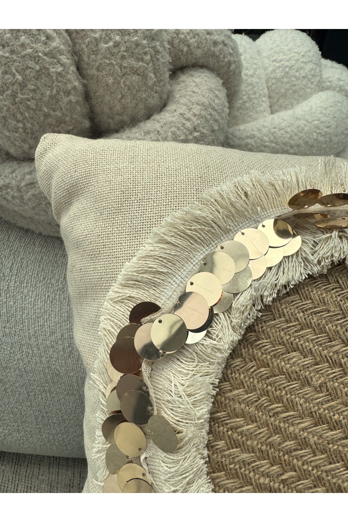 sevaradekor-Tassel Throw Pillow Sequin Throw Pillow Linen Throw Pillow Cover Straw Linen Pillow Bohemian Throw Pillow Cover 3