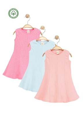 Divonette Kız Çocuk 3'lü %100 Pamuk Fitilli Bisiklet Yaka Kolsuz Elbise