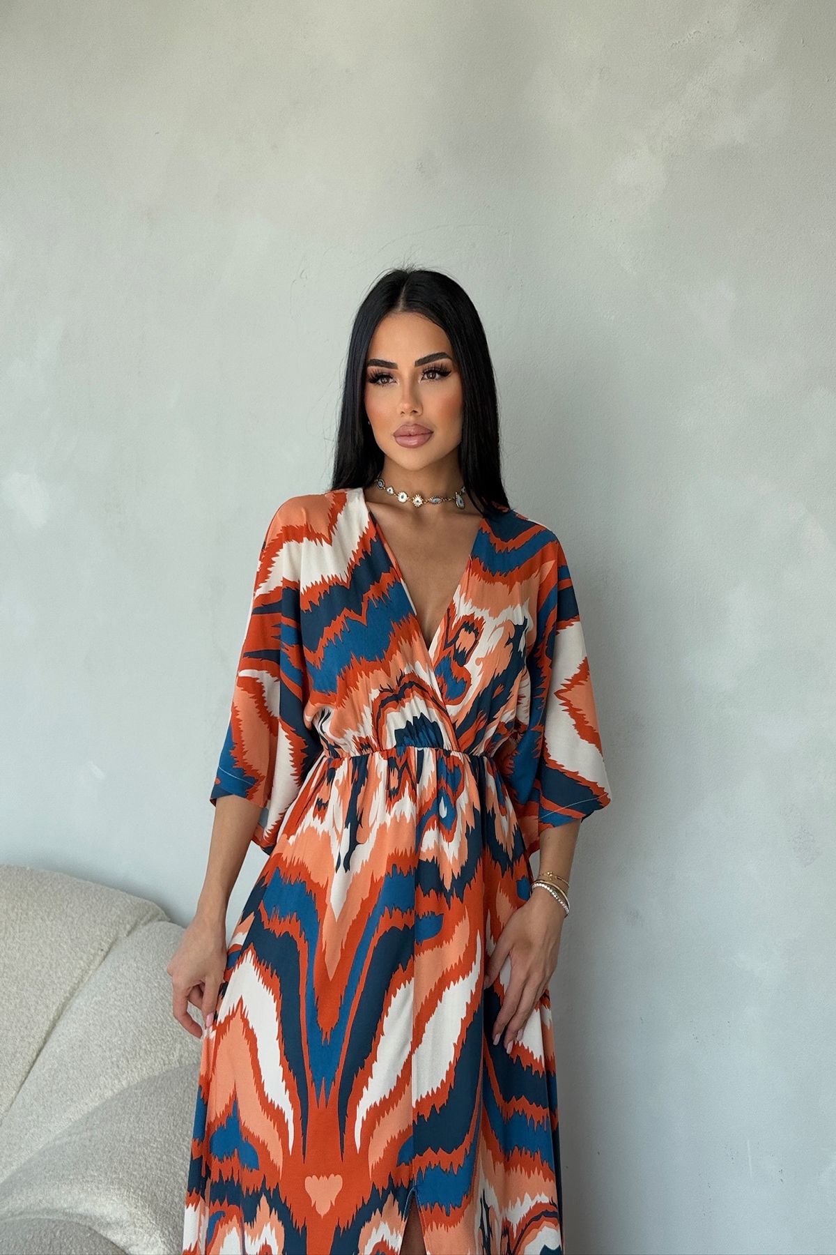 kamacibutik KRUVAZE YAKA BELDEN LASTİKLİ YAZLIK ELBİSE