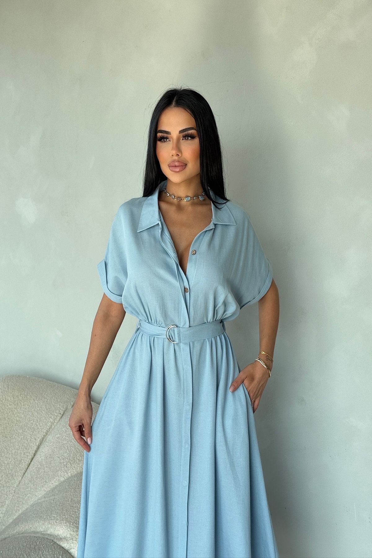 kamacibutik KUŞAK DETAYLI PREMİUM GÖMLEK ELBİSE