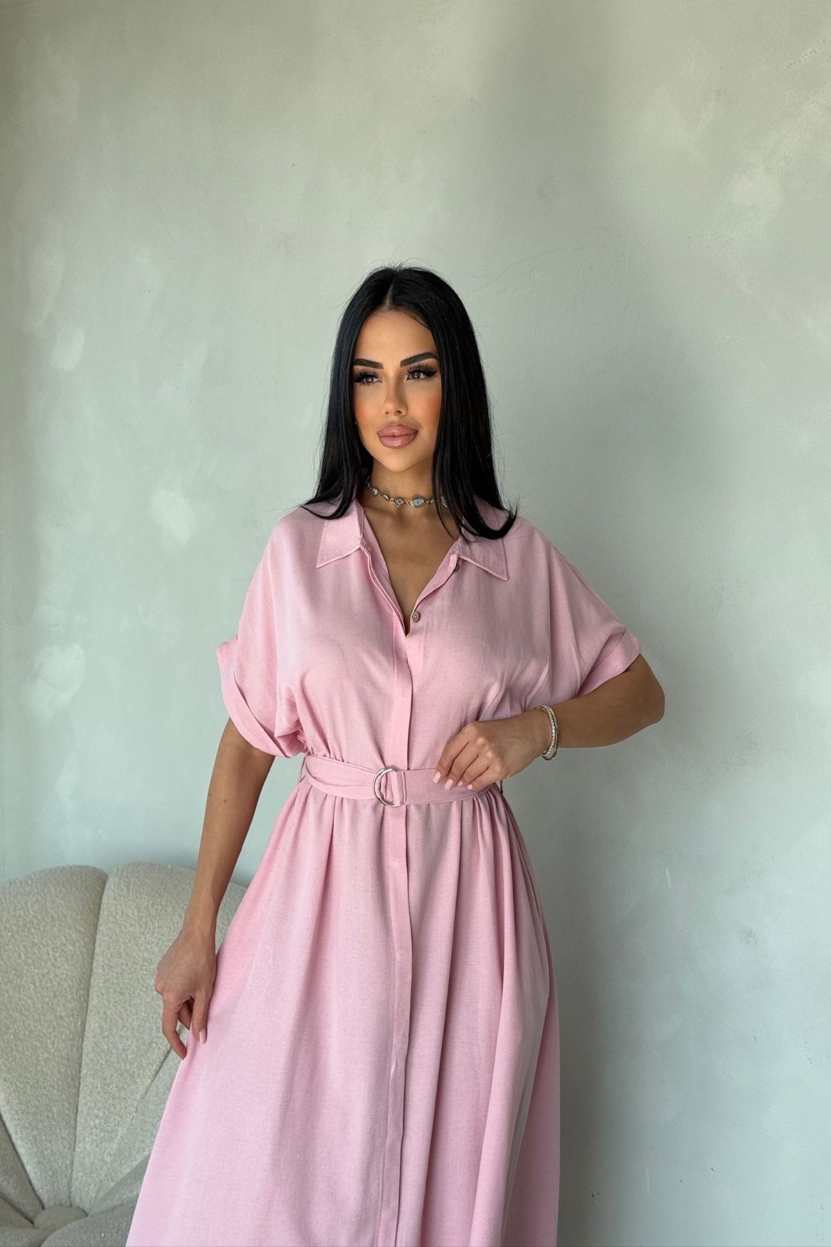 kamacibutik KUŞAK DETAYLI PREMİUM GÖMLEK ELBİSE