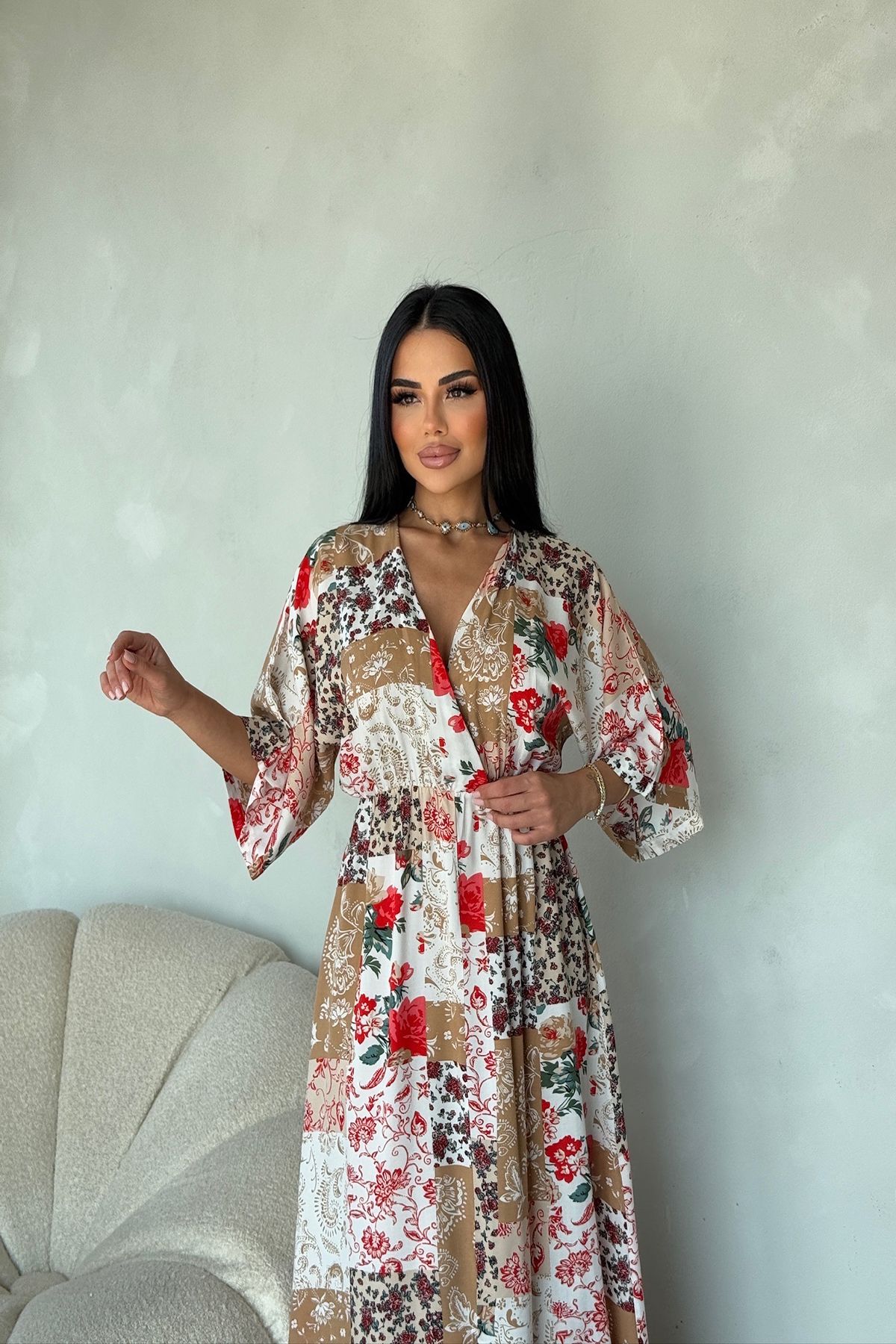 kamacibutik KRUVAZE YAKA BELDEN LASTİKLİ YAZLIK ELBİSE